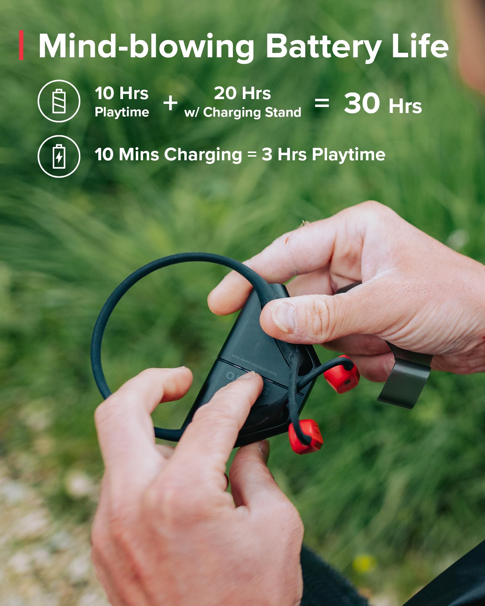 SUUNTO Wing Open-Ear Bone Conduction Bluetooth Headphones - Wireless Sports Earphones with Head Gesture Control, Built-in Dual Mic, IP67 Waterproof, 30H Playtime & Charging Stand, Safety LED Lights for Running, Cycling, Workouts - Black