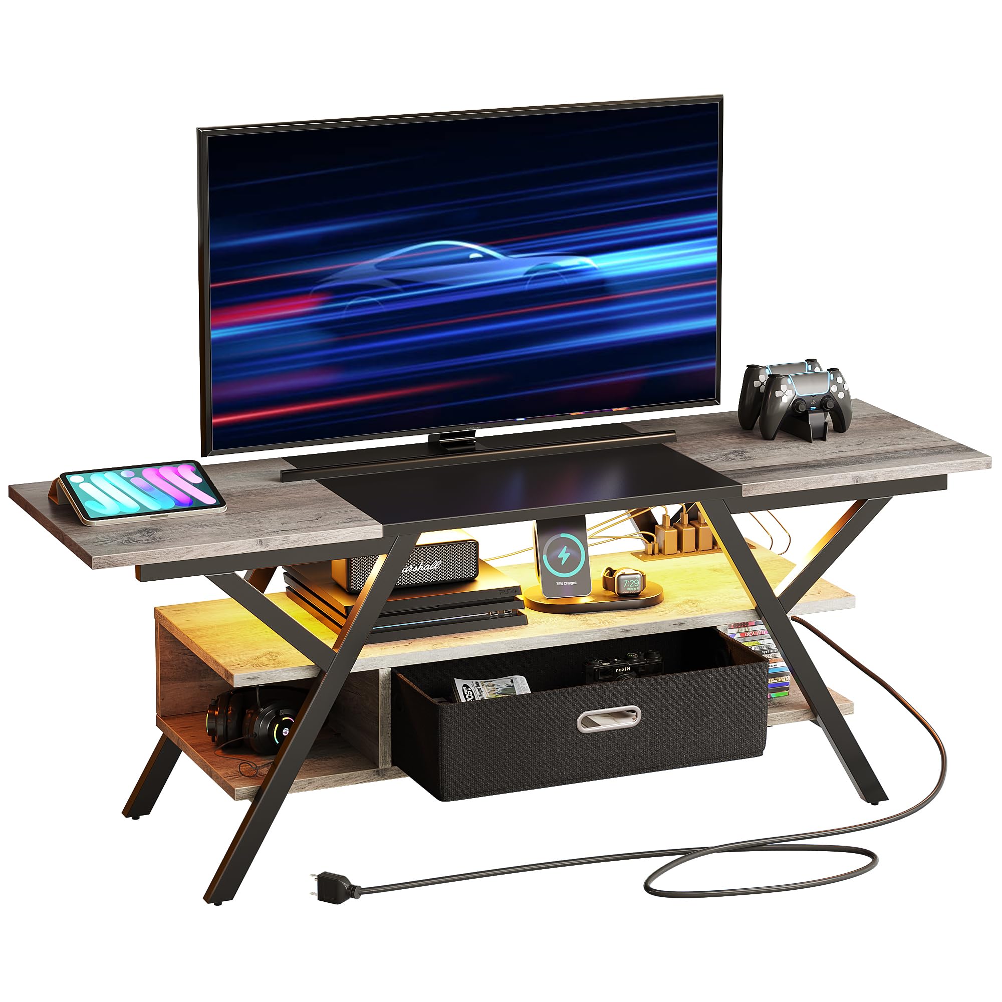 Bestier Farmhouse LED TV Stand with Power Outlets - Entertainment Center for 55/60/65 Inch TVs - Modern TV Cabinet with Storage for PS5, Xbox - Perfect for Living Room & Bedroom - Wash Grey Finish - Ideal for Gaming Setups & Home Theater Systems