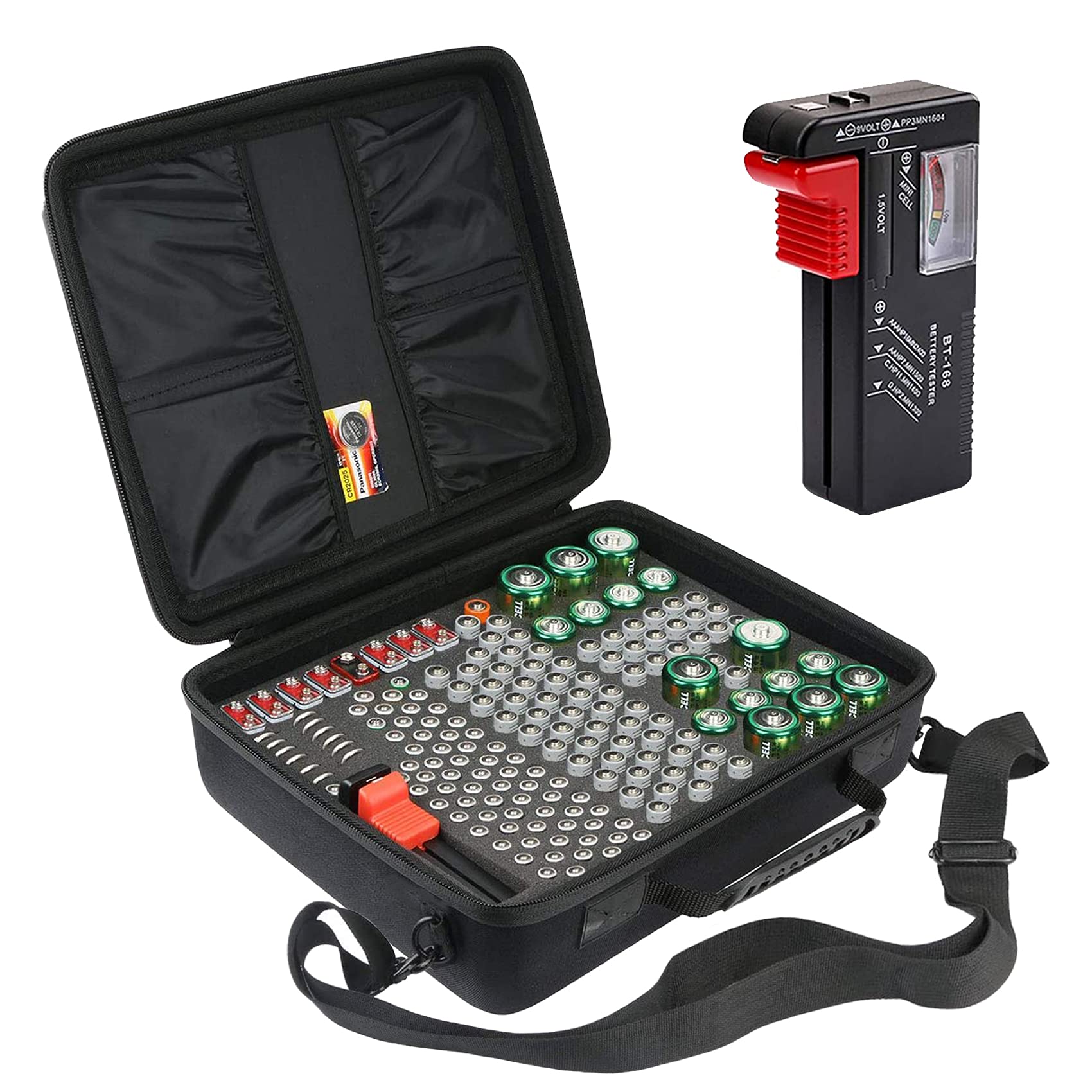 Khanka Hard Battery Organizer Storage Box - Portable Carrying Case Holds 180 AA/AAA/C/D/3V/9V Batteries with Built-in Tester (Batteries Not Included) - Perfect for Home, Office, Travel & Emergency Kits