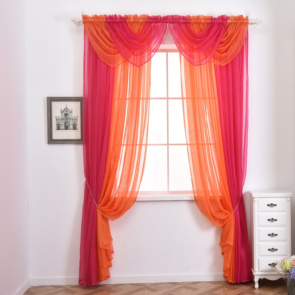 Elegant Sheer Window Curtains - Solid Color Valance Swag for Living Room & Bedroom Decor (Orange & Yellow) | Light Filtering Home Drapes for Cozy Interior Design