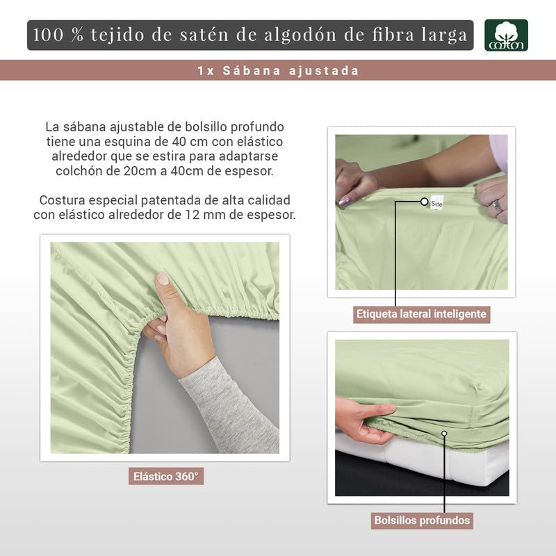 Pizuna Luxury 100% Long-Staple Cotton 400 Thread Count Satin Weave Adjustable Fitted Sheet 150x200cm for Mattresses up to 40cm Thick - Breathable Lightweight Bedding for All Seasons (1 Piece) - Perfect for Master Bedrooms, Guest Rooms & Vacation Homes