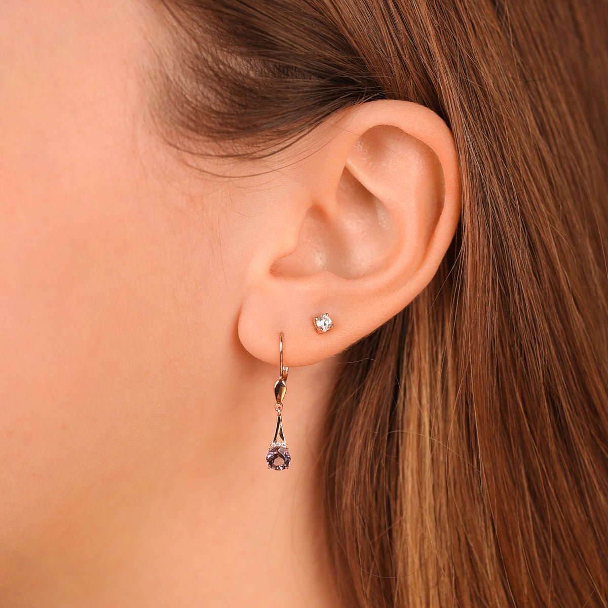 14k Rose Gold Amethyst and Diamond Drop Earrings - Elegant Purple Gemstone Jewelry for Women, Perfect for Weddings, Parties & Special Occasions