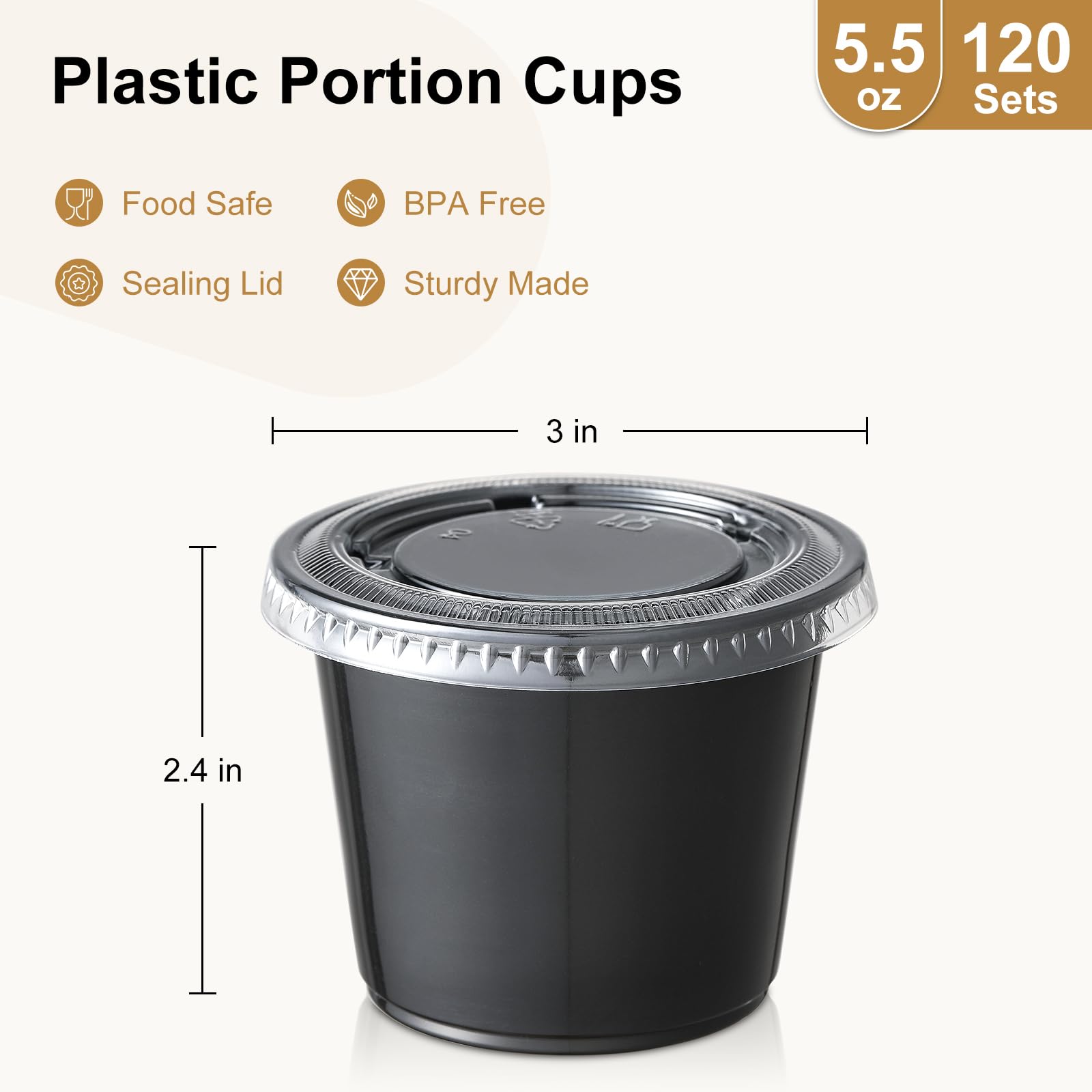 AOZITA 120-Pack 5.5 oz Black Plastic Portion Cups with Lids - Airtight, Stackable Souffle Cups for Salad Dressing, Sauces, Condiments - Perfect for Meal Prep, Parties, Picnics & Travel