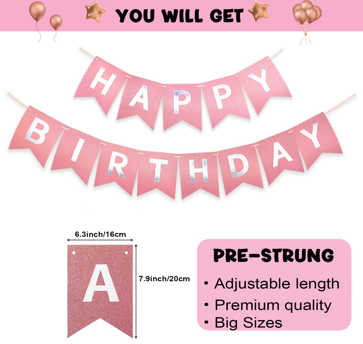 Rose Gold Happy Birthday Banner (Pre-Strung) - Shiny Birthday Party Decorations for Women, Girls & Kids - Perfect for Birthday Parties, Baby Showers & Anniversary Celebrations