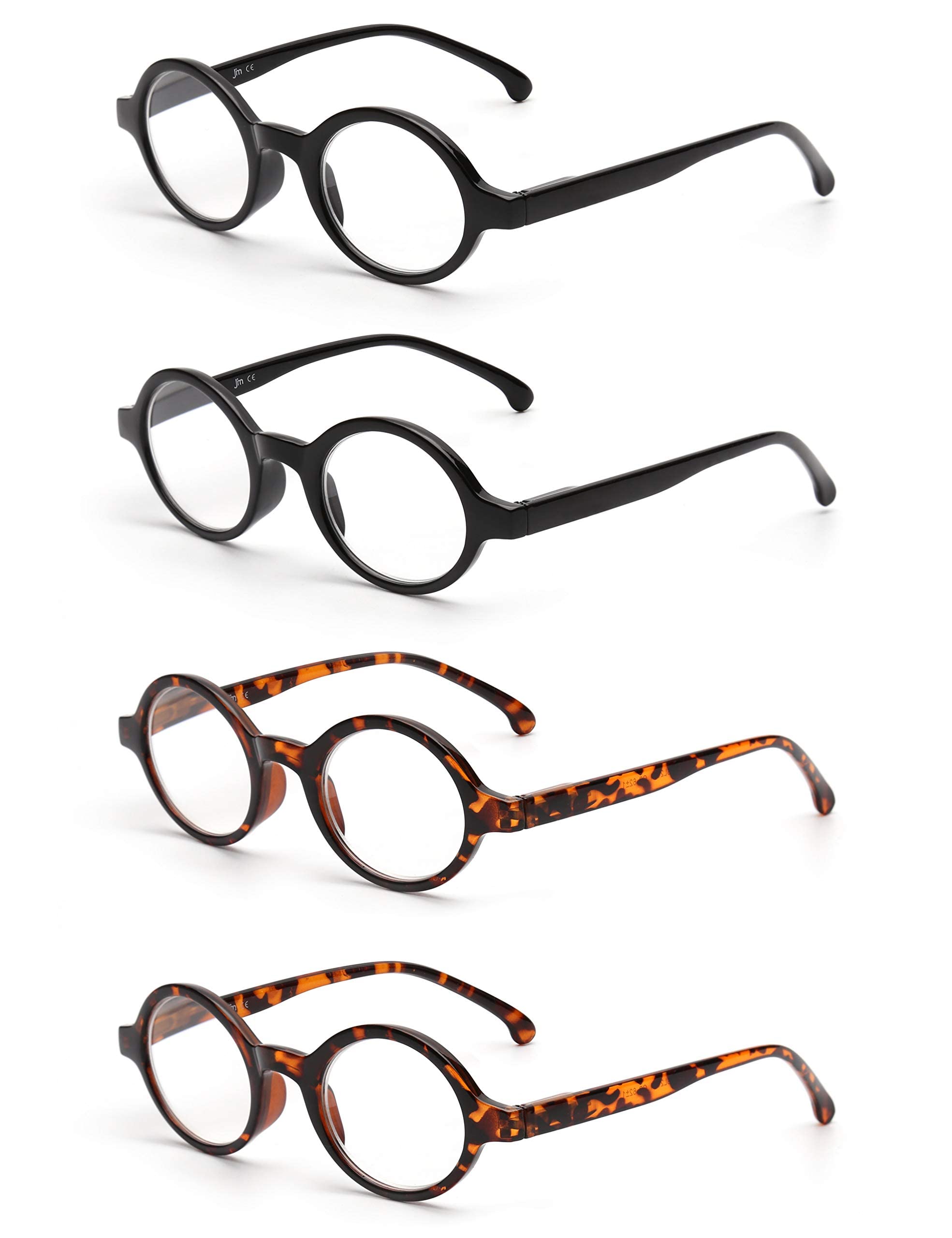 JM Set of 4 Round Reading Glasses with Spring Hinge - +1.0 Magnification Readers for Men & Women - Black & Tortoise Frame Colors - Perfect for Reading Books, Using Smartphones, and Working on Computers