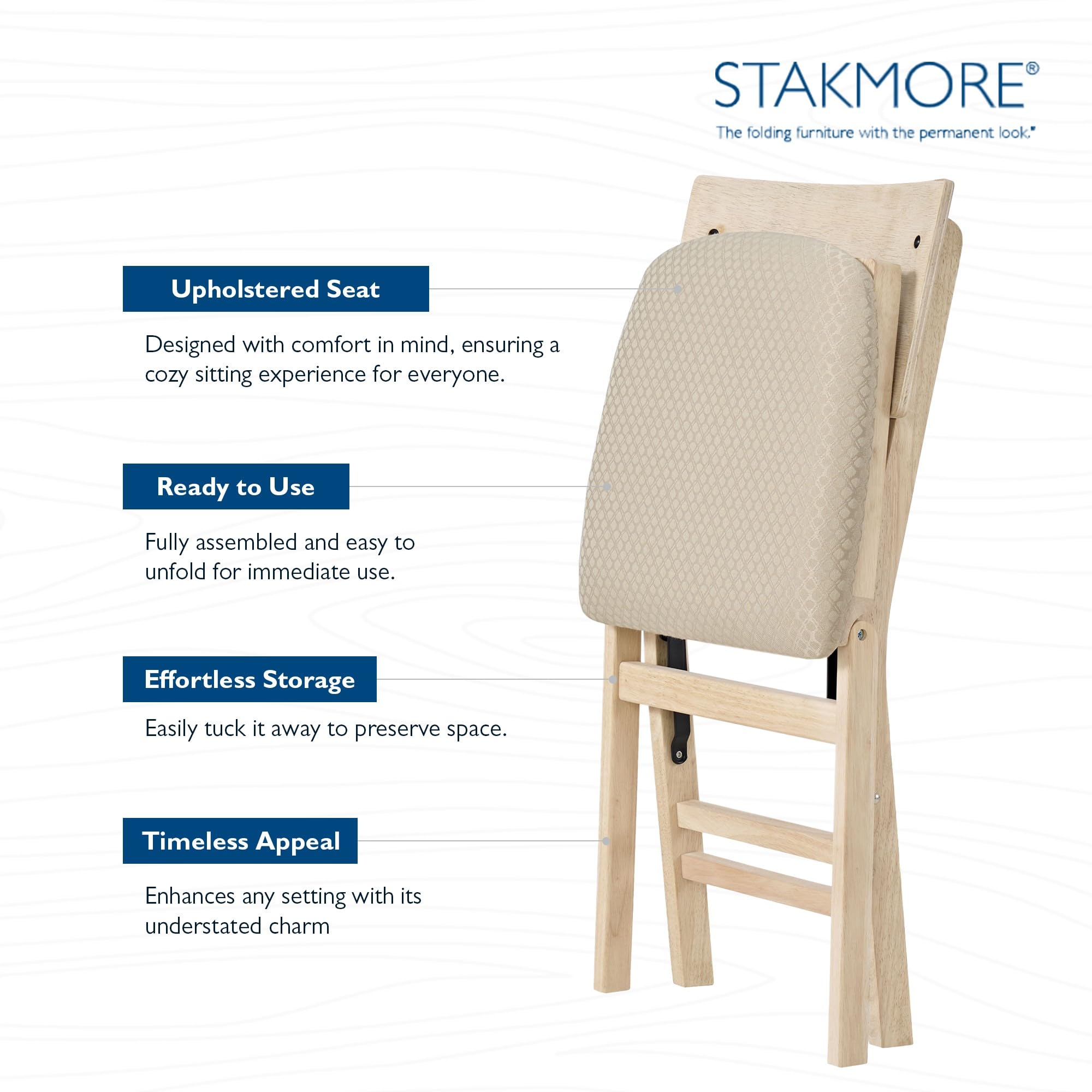 Premium Solid Wood Folding Dining Chair Set of 2 - MECO Stakmore Aztec Curved Back with Fabric Padded Seat - Perfect for Small Spaces, Kitchen, Dining Room & Home Office - Unfinished Wood Finish