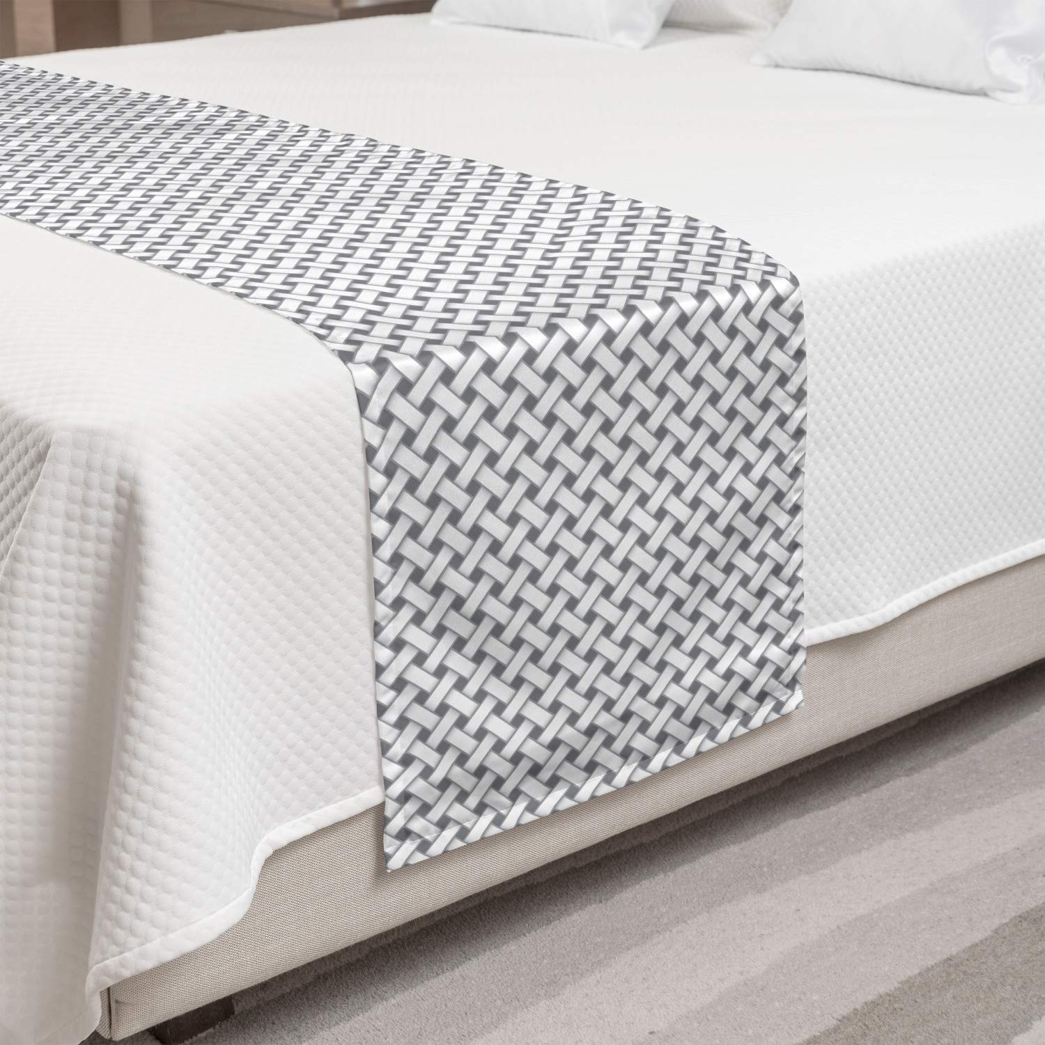 Ambesonne Lattice Bed Runner - Grey and White Diagonal Stripes Tile Print Decorative Bedding Scarf | Perfect for Hotels, Homes & Guest Rooms | Elegant Bed Accent for Master Bedroom, Airbnb or Wedding Decor