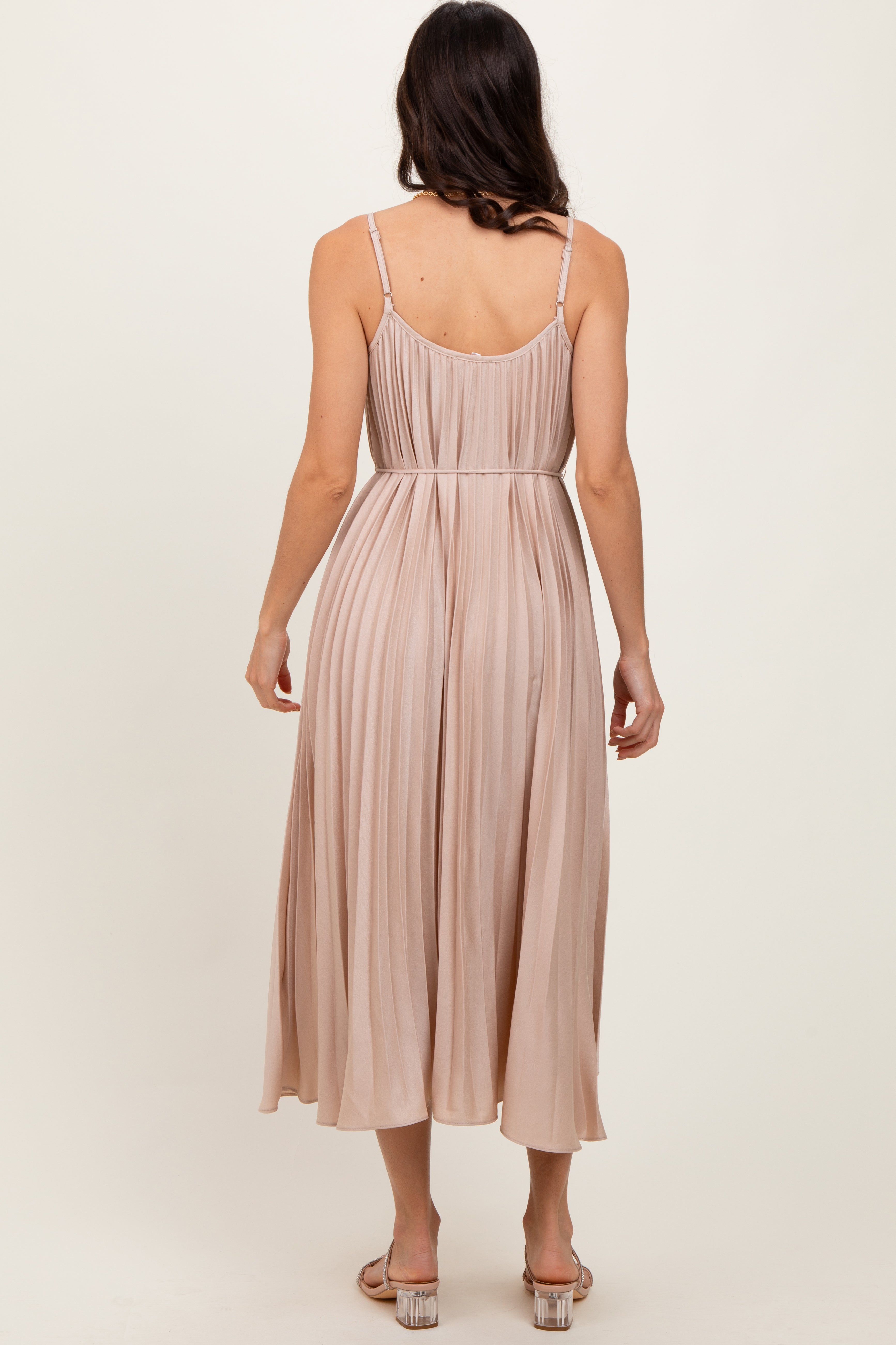 Elegant Beige Pleated Sash Tie Midi Dress for Women | Flowy Summer Casual & Wedding Guest Outfit | Perfect for Brunch, Parties & Special Occasions