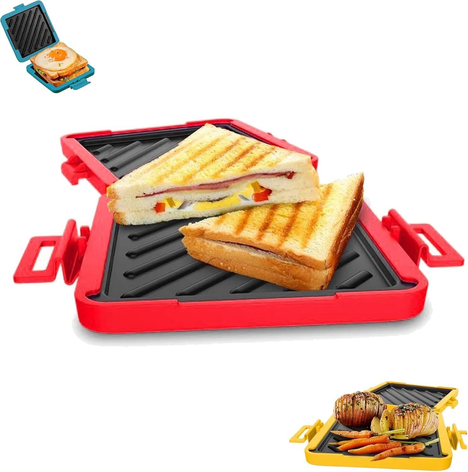 Microwave Toastie Sandwich Maker - Micro Munchy Compact Toaster with Adjustable Silicone Straps | Quick & Easy Breakfast, Lunch, or Snack Solution for Home, Office, or Dorm (Red)