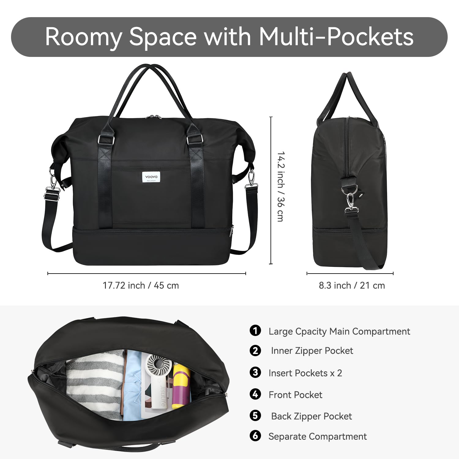 Voova Weekender Bags for Women & Men - Large Travel Duffle Bag with Shoe Compartment & 4 Toiletry Bags - Perfect Carry-On Overnight Bag for Gym, Yoga, Hospital & Weekend Getaways (Black)