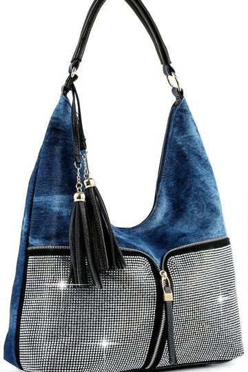Stylish Uoonique Denim Hobo Bag with Rhinestone Accents - Trendy Crossbody Purse for Women, Perfect for Casual Outings & Night Events