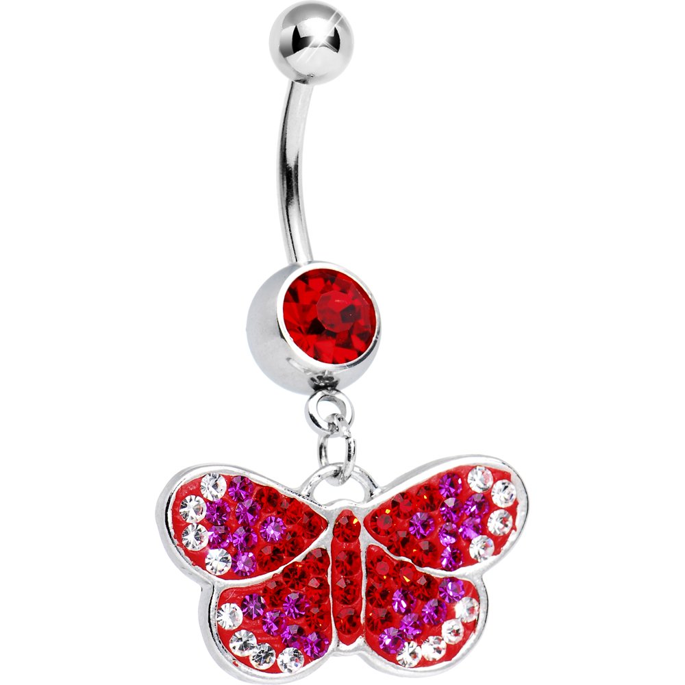 Sparkling Red Butterfly Belly Ring - Body Jewelry for Navel Piercing | Perfect for Parties, Festivals & Summer Outfits