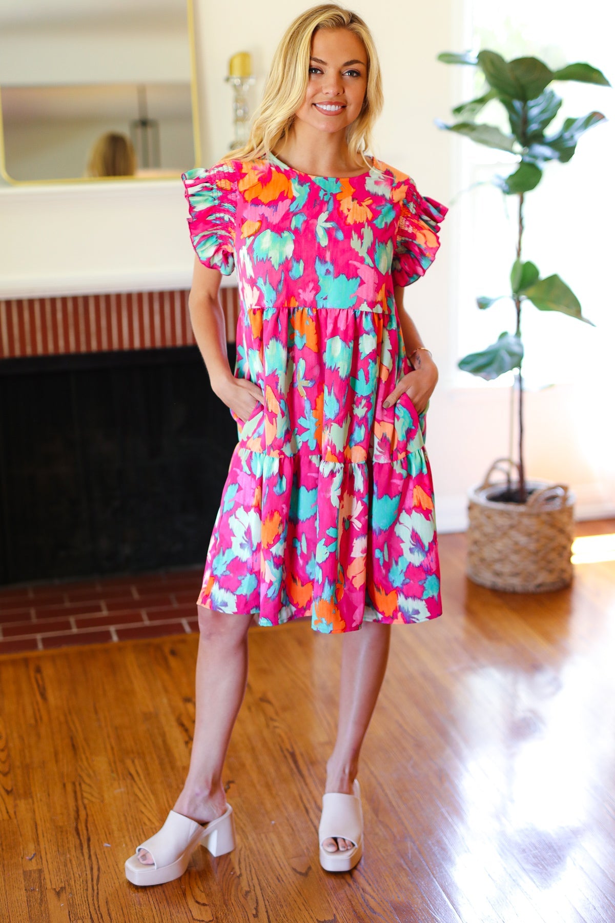 Look of Love Fuchsia Abstract Floral Print Smocked Ruffle Sleeve Dress for Women | Elegant Party & Wedding Guest Outfit