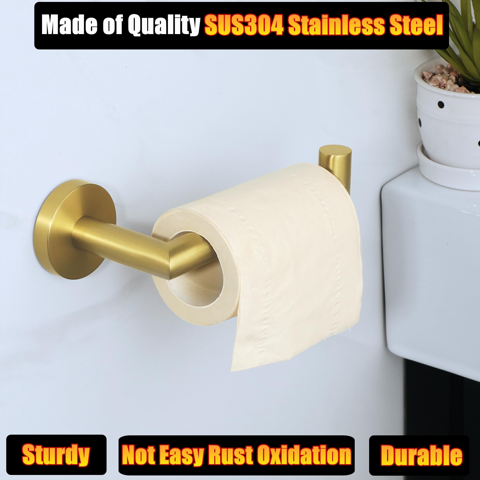 Stainless Steel Toilet Paper Holder Wall Mount - Brushed Gold Bathroom Tissue Roll Dispenser, SUS304 Paper Rack for Home & Office Use - GKN130-G