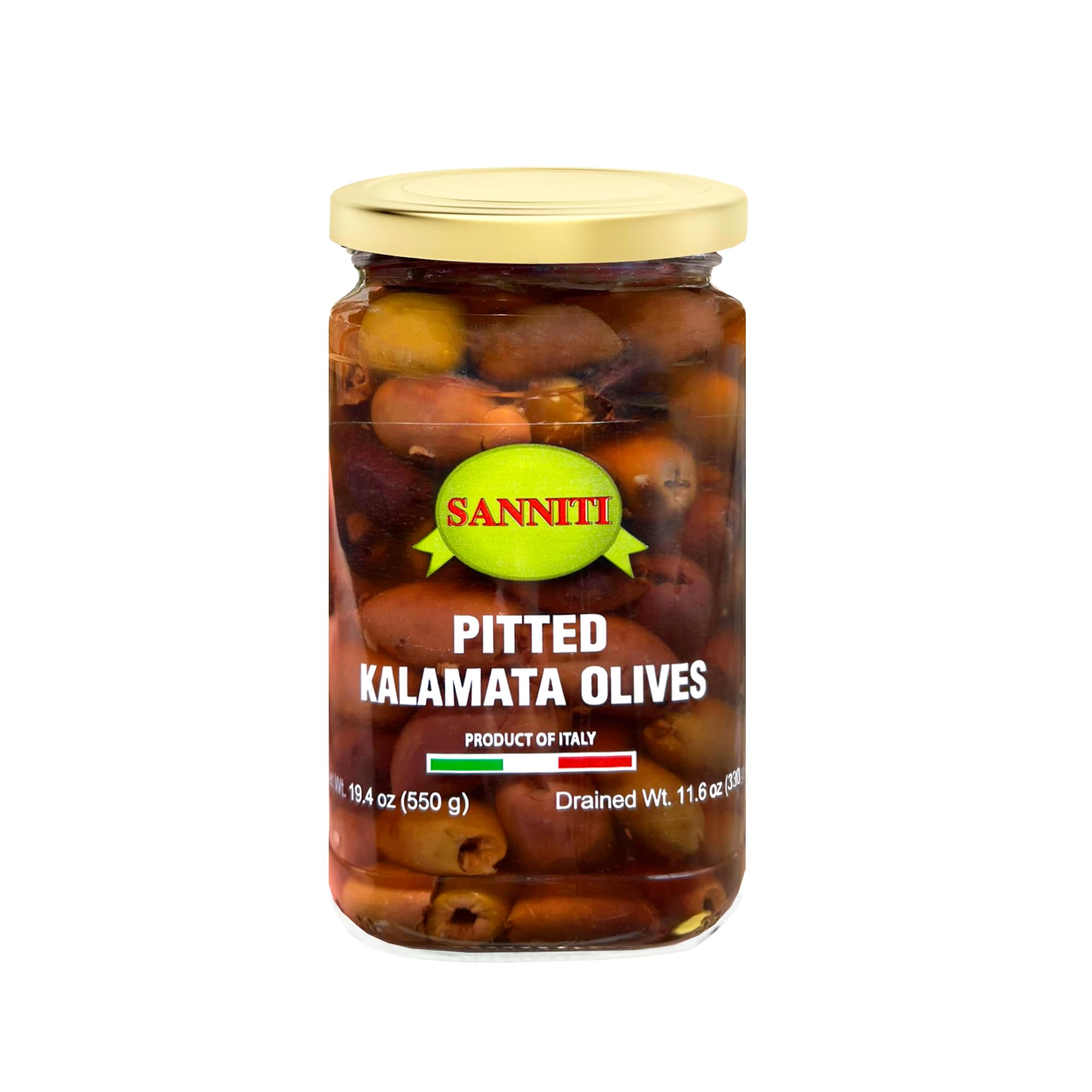 Sanniti Italian Kalamata Pitted Olives - Premium Mediterranean Olives, 19.4 oz (550 g) Jar - Perfect for Salads, Pasta, Pizza & Charcuterie Boards