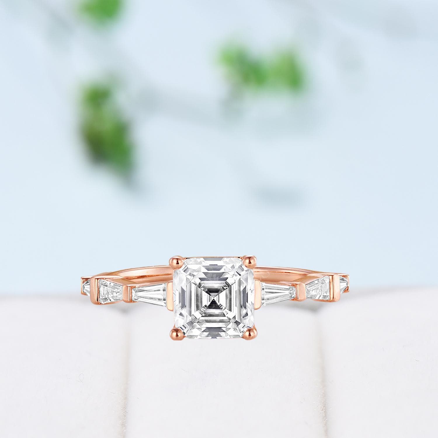 Exquisite Asscher Cut Brilliant Moissanite & Baguette Engagement Ring - 14K Rose Gold Vintage Wedding Band, Unique Anniversary Promise Ring for Women - Perfect for Proposals, Weddings & Special Occasions