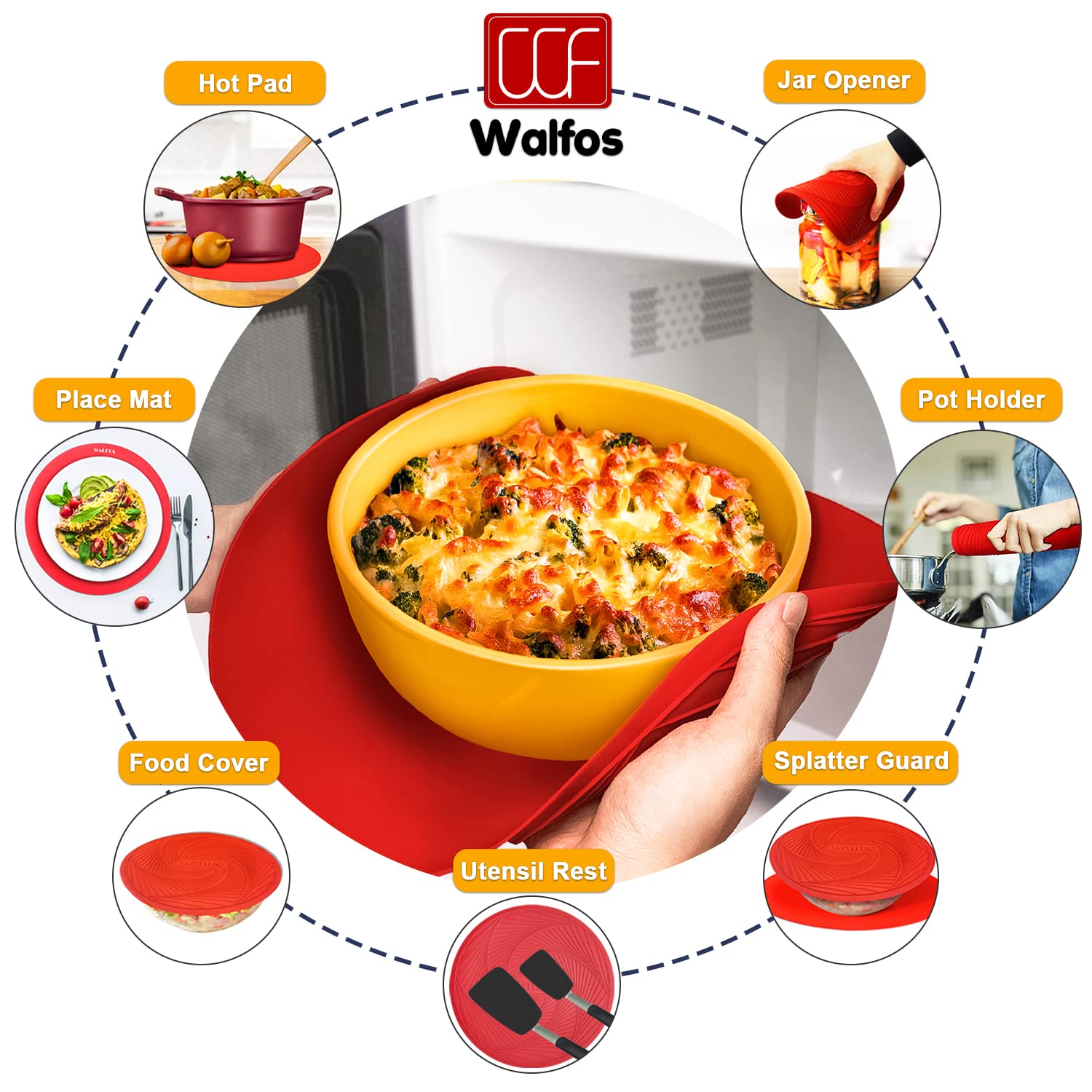 Walfos 12-Pack 10 Inch Silicone Microwave Mats - Non-Slip Heat Resistant Splatter Cover & Trivet for Kitchen - Perfect for Microwave, Oven, Hot Pans & Pots (Red) - Keep Countertops Clean While Cooking & Serving Hot Dishes