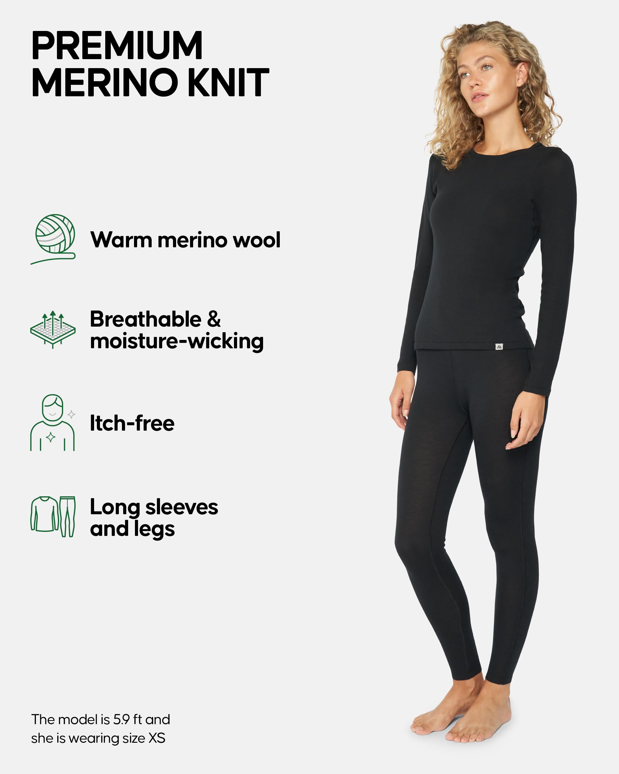 DANISH ENDURANCE Women's Merino Wool Base Layer Set - Thermal Underwear Top & Bottom for Hiking, Skiing & Winter Sports