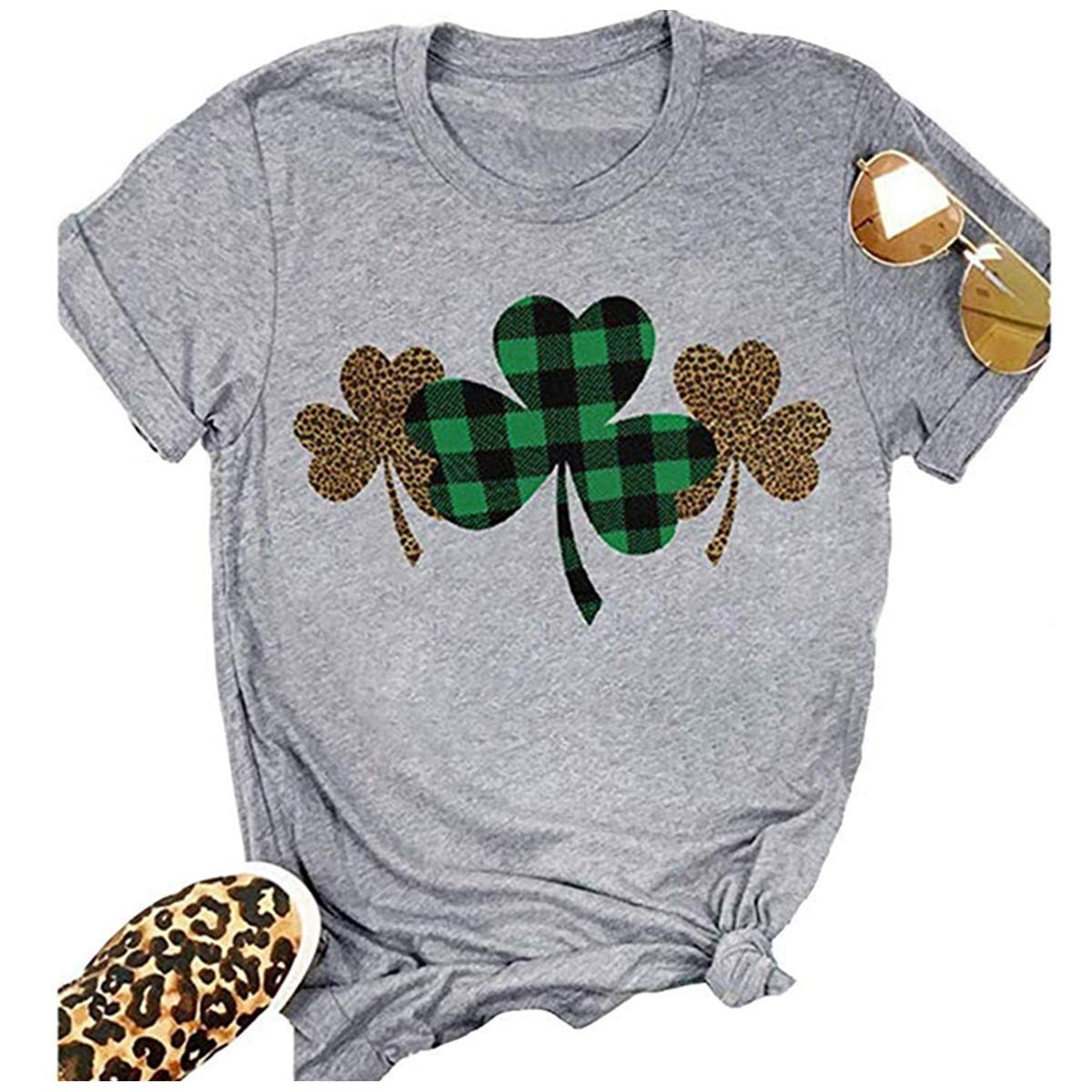Ykomow St. Patrick's Day Shirts for Women - Short Sleeve Leopard Print Clover Graphic Tee | Casual Holiday Party Outfit