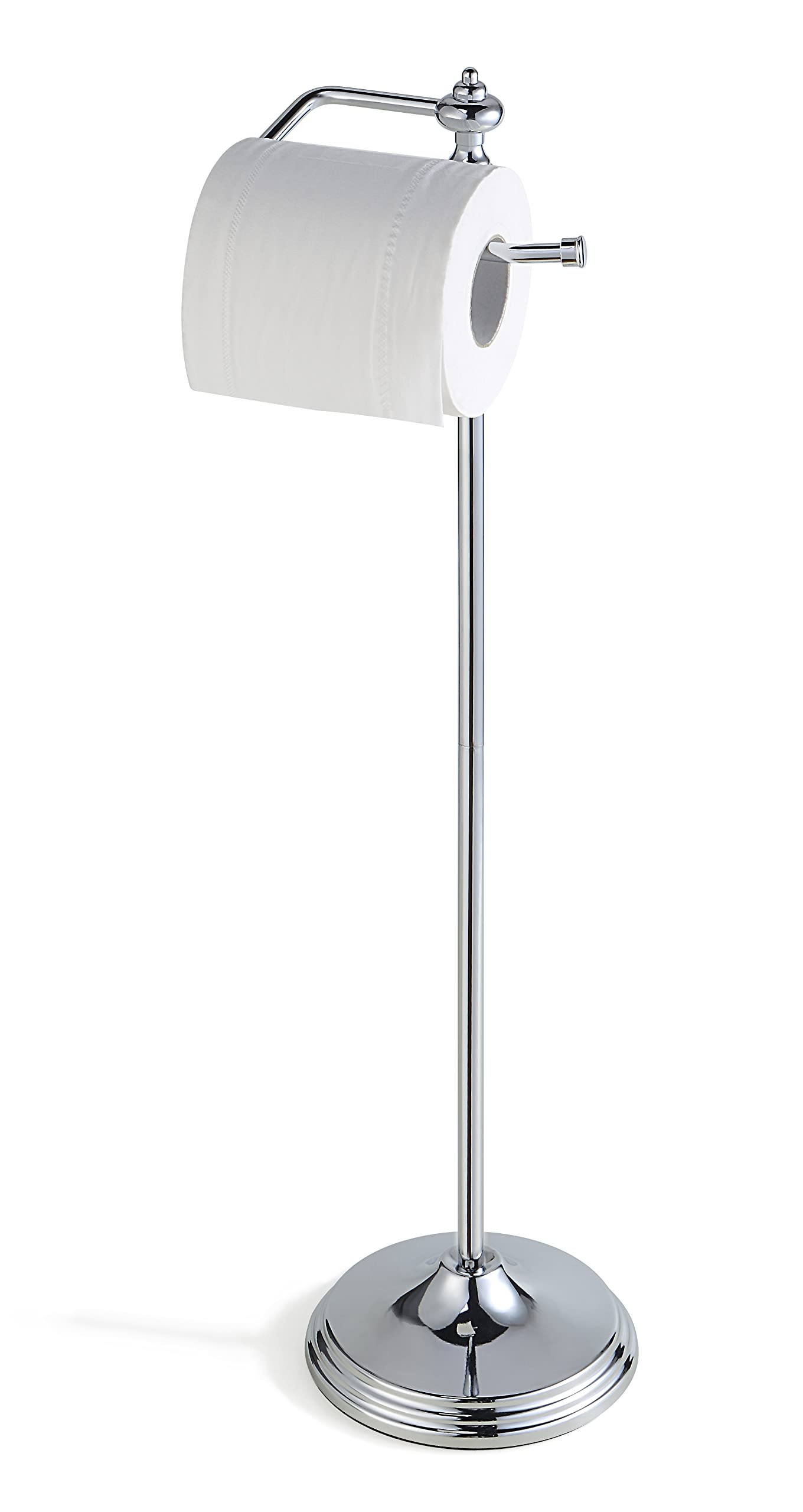 SunnyPoint Free Standing Toilet Paper Holder with Reserve Storage - Chrome Bathroom Tissue Roll Stand | Perfect for Small Bathrooms, Powder Rooms & Guest Toilets