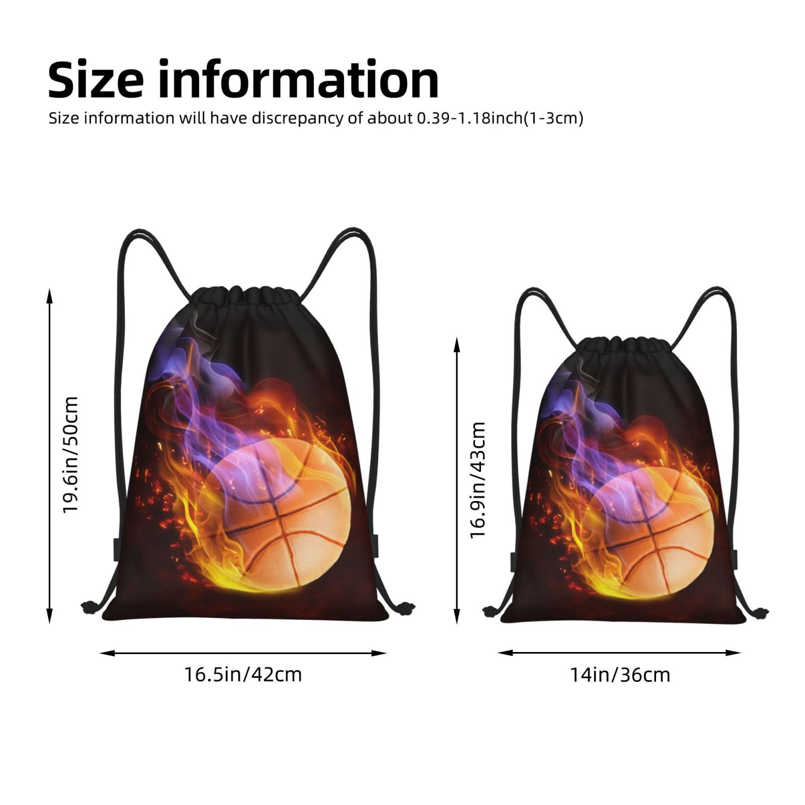 Fire Basketball Drawstring Backpack for Kids, Teens & Adults - Lightweight Sports Daypack for School, Gym, Travel, Hiking & Work - Black Medium Drawstring Bag for Boys, Girls, Men & Women