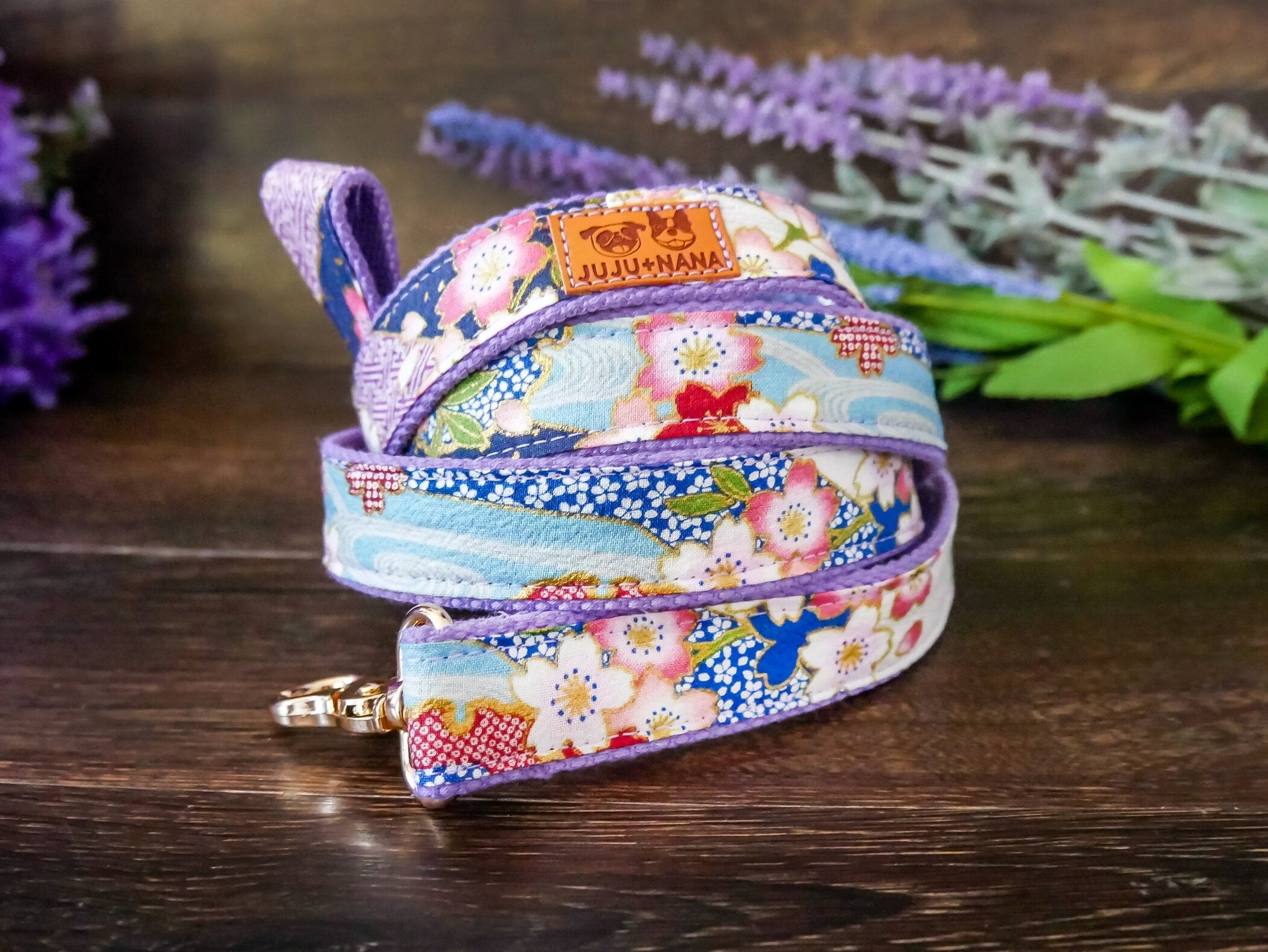 Japanese Kimono Dog Collar & Leash Set - Purple Sakura Floral Pattern for Small & Medium Dogs - Perfect for Pet Costumes, Photo Shoots & Special Occasions