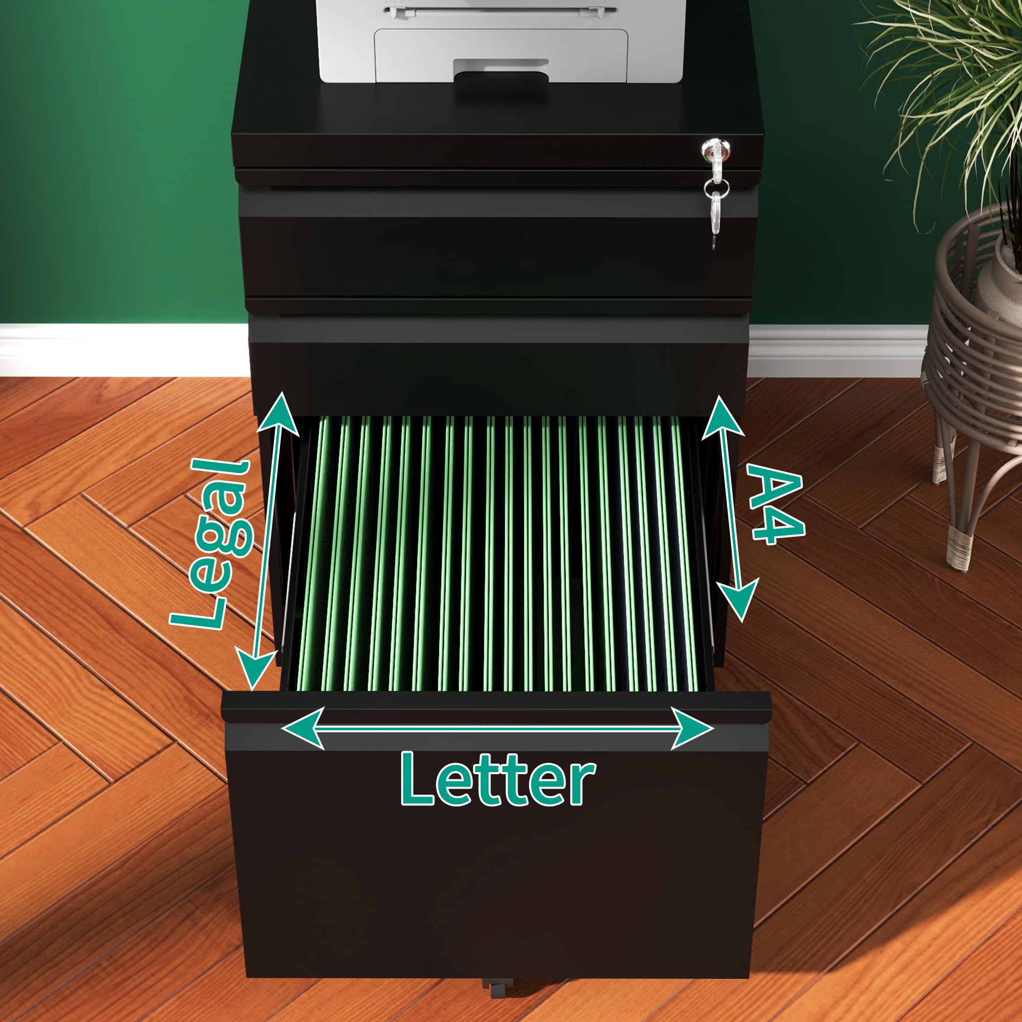 3-Drawer Rolling File Cabinet with Lock - Fully Assembled Metal Under Desk Organizer for Home & Office - Stores Letter, Legal & A4 Documents (Black) - Perfect for Small Spaces & Clutter-Free Workspaces