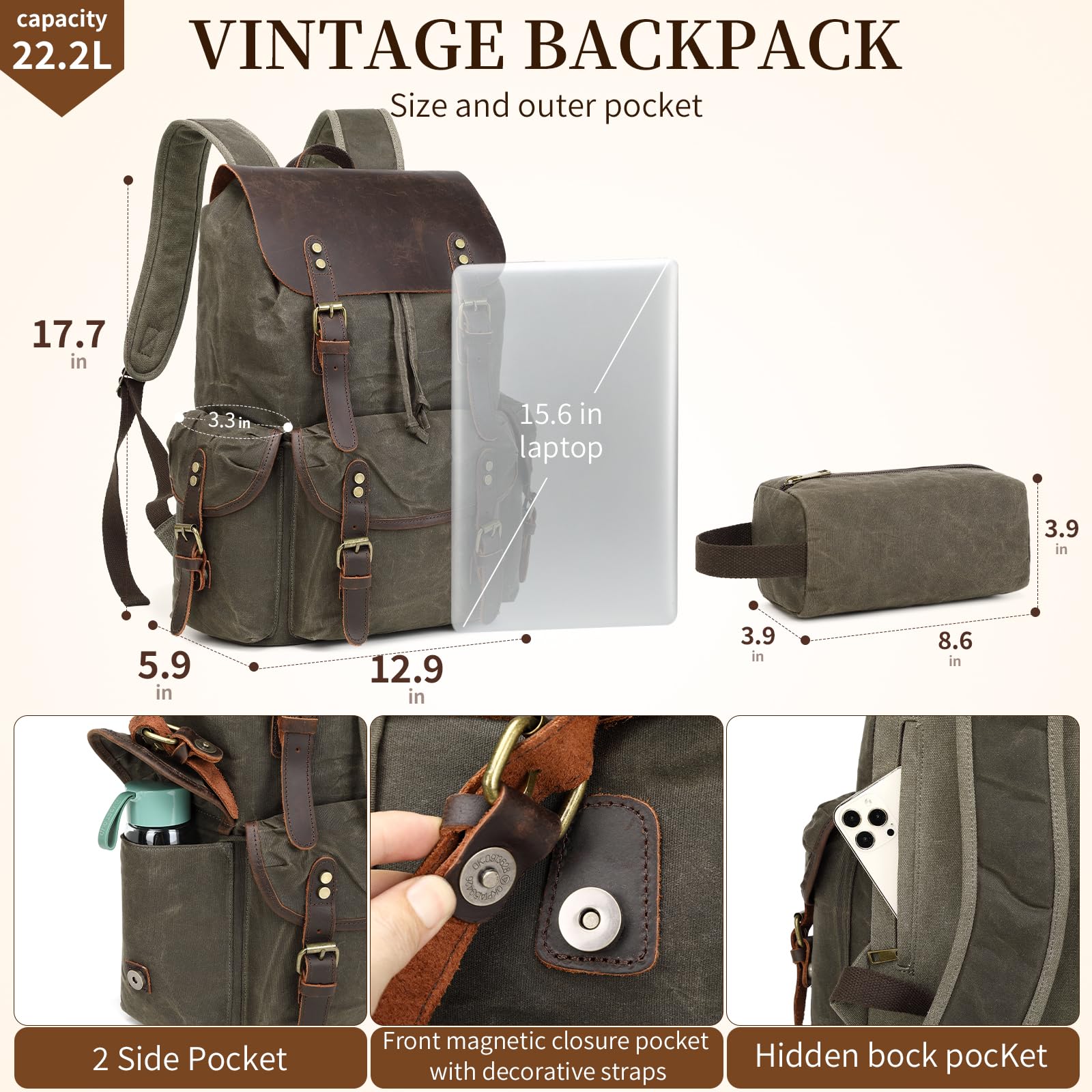 **Genuine Leather & Waxed Canvas Vintage Backpack for Men - Durable Shoulder Rucksack with Toiletry Bag - Perfect for Travel, Camping, Hiking & Daily Commute (Army Green)**