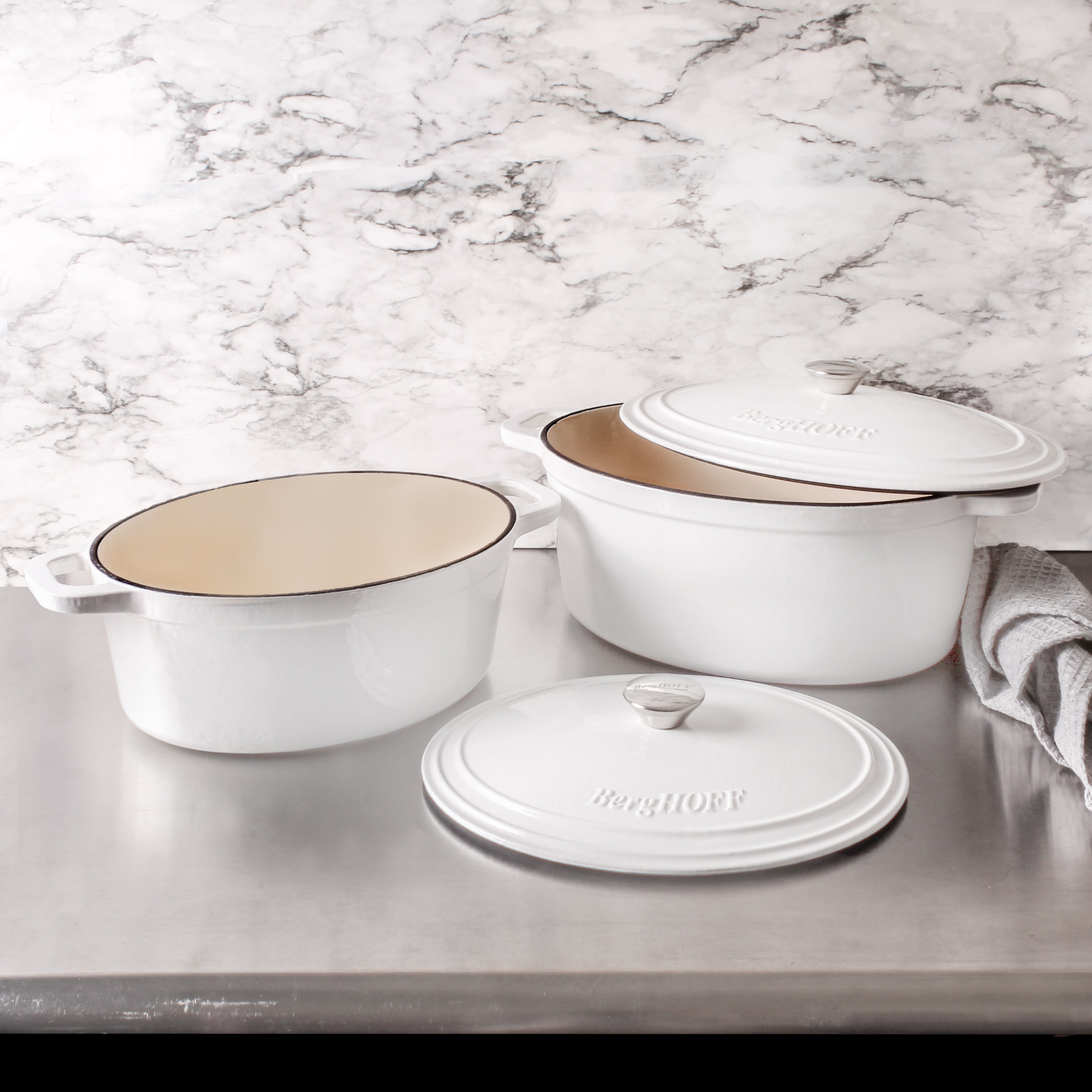 BergHOFF Neo 4-Piece Cast Iron Cookware Set - 5 Quart & 8 Quart Dutch Oven with Lid - Premium White Enameled Cookware for Baking, Braising & Serving - Perfect for Stovetop, Oven & Tabletop Use