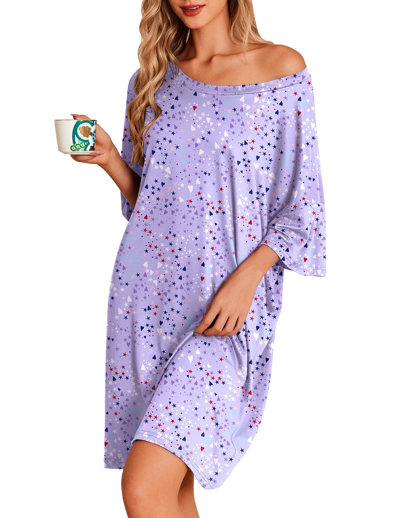 Ekouaer Women's Plus Size Nightgown - Oversized Sleep Shirt with Short Sleeves, Comfortable Nightshirt & T-Shirt Dress for Lounge & Sleepwear (Sizes S-XXXL) | Perfect for Relaxing at Home, Vacation & Maternity Comfort