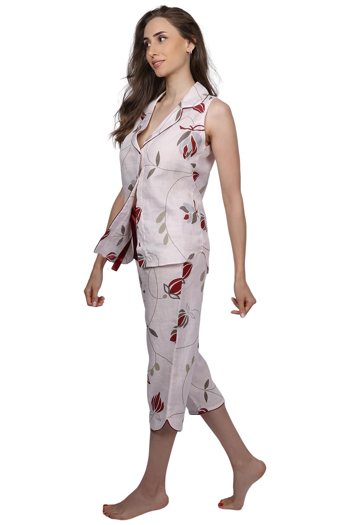Women's Sleeveless Linen Pajama Set - Floral Print Summer Sleepwear in Heavenly Pink - European Crafted Loungewear for Nighttime Comfort & Relaxation