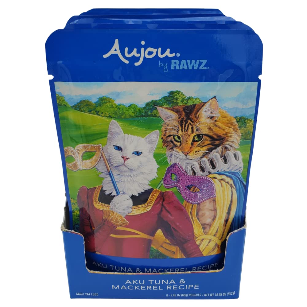 Premium Rawz Aujou Aku Tuna & Mackerel Grain-Free Cat Food - 8 Pack of 2.46 oz Pouches - High Protein Wet Cat Food for Adult & Senior Cats - Perfect for Picky Eaters & Sensitive Stomachs - Ideal for Mealtime, Travel & Treat Rewards