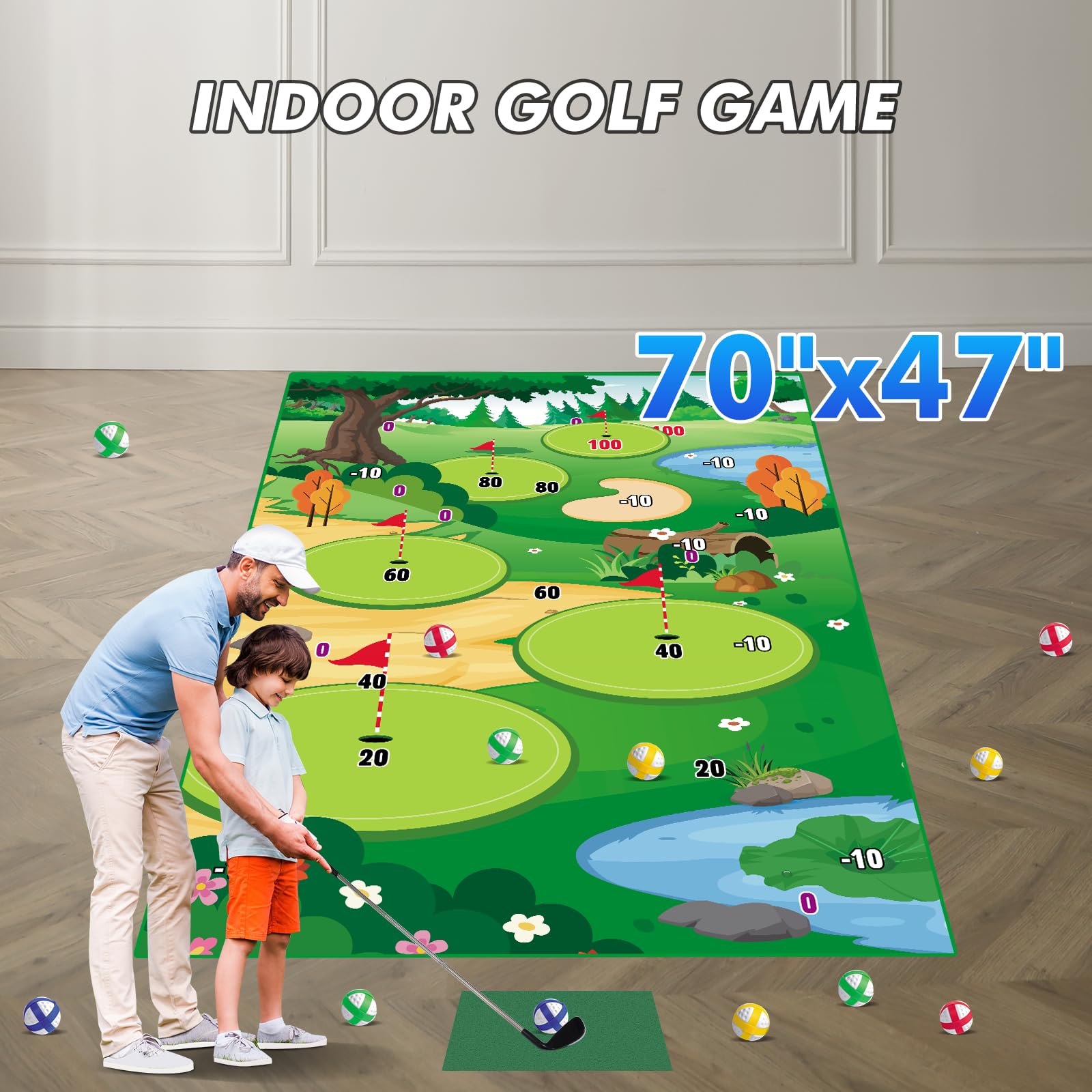 VATOS Golf Chipping Practice Mat with Club & 20 Balls - Indoor/Outdoor Golf Training Mat for Kids & Adults - Perfect for Backyard, Family Fun & Golf Skill Development