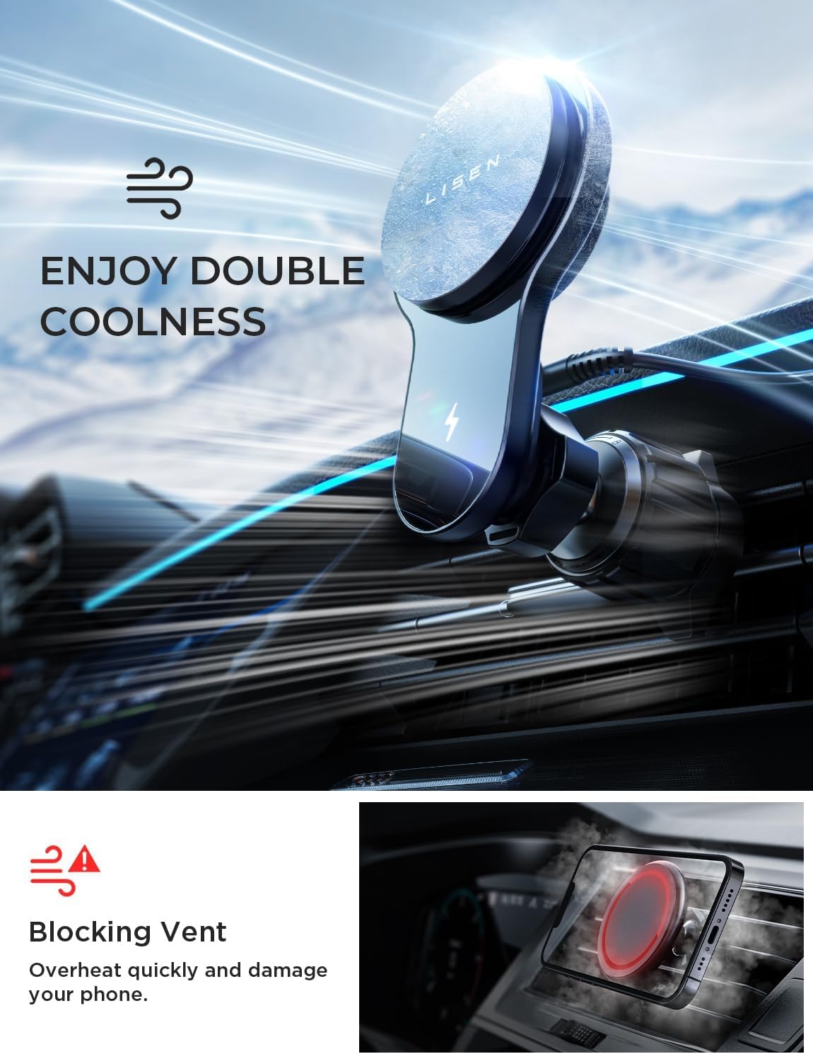 LISEN 15W MagSafe Car Mount Charger - Wireless Magnetic Phone Holder for iPhone 16/15 Pro Max/14/13/12 with MagSafe Cases | Secure Hands-Free Charging While Driving