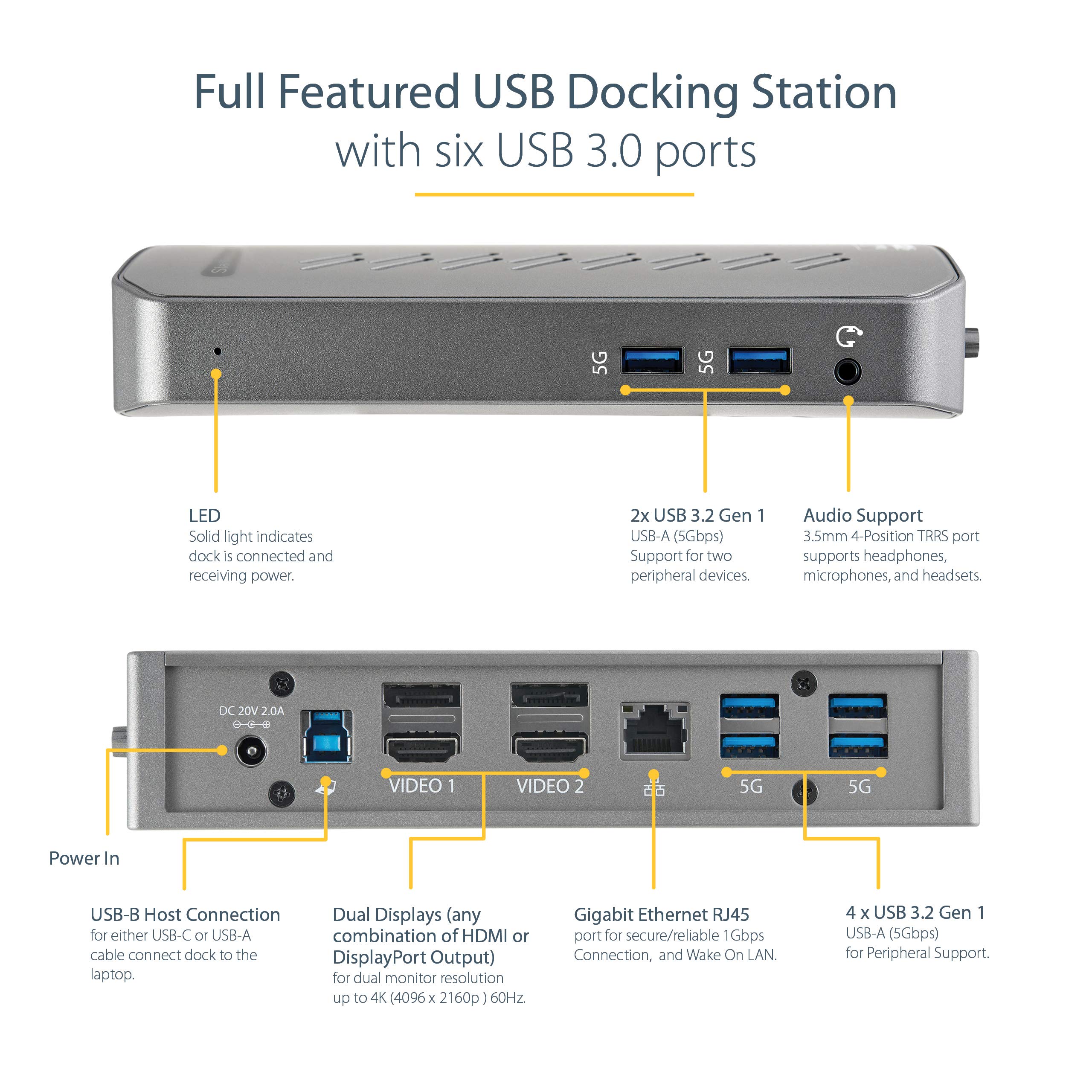 StarTech.com Hybrid USB-C & USB-A Docking Station - Universal Laptop Dock with Dual 4K 60Hz HDMI/DisplayPort, 6 USB 3.0 Ports, Gigabit Ethernet - Compatible with Windows & Mac (DK30A2DHU) - Perfect for Home Office & Remote Work Setup