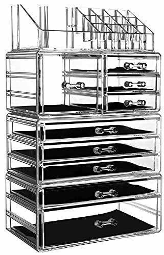 Stackable 9-Drawer Clear Makeup Organizer with Magnifying Mirror - Large & Medium Size for Cosmetics, Brushes, Skincare Storage | Perfect for Vanity, Bathroom, and Travel Organization