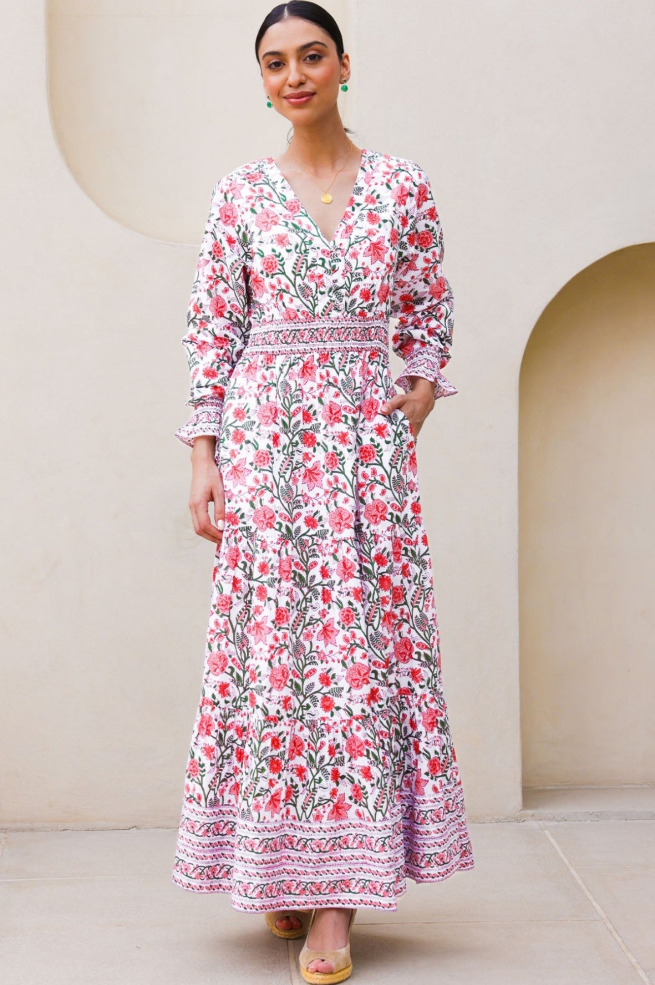 Billie Organic Cotton Block Print Dress - Gardenia Pink & Green Floral | Boho Chic Summer Dress for Women | Perfect for Beach, Vacation & Casual Outings