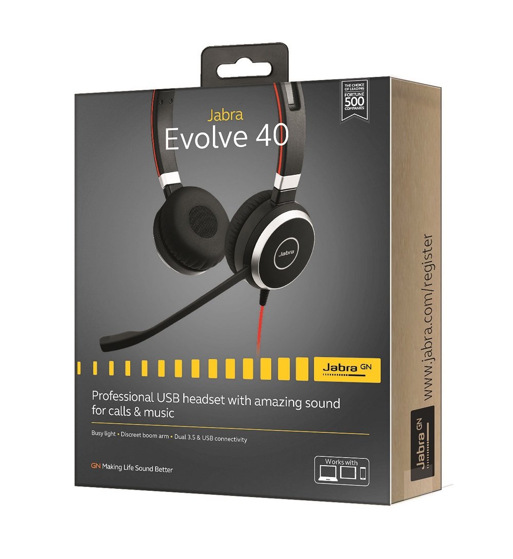Jabra Evolve 40 UC Stereo Wired Headset with Noise-Canceling Mic | Professional Office Headphones for Calls & Music | Certified Renewed (US Retail Packaging) - Perfect for Remote Work, Video Conferencing & Gaming