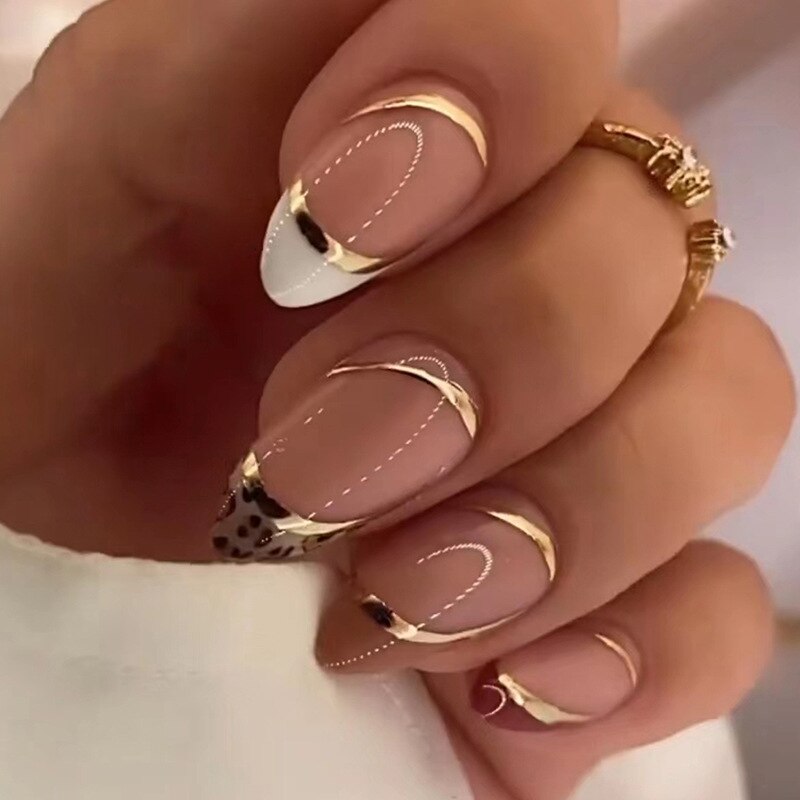 24Pcs Short Almond French False Nails - Full Cover Press on Nails with Reusable Adhesive - Natural Looking Artificial Nails for Everyday Wear & Special Occasions