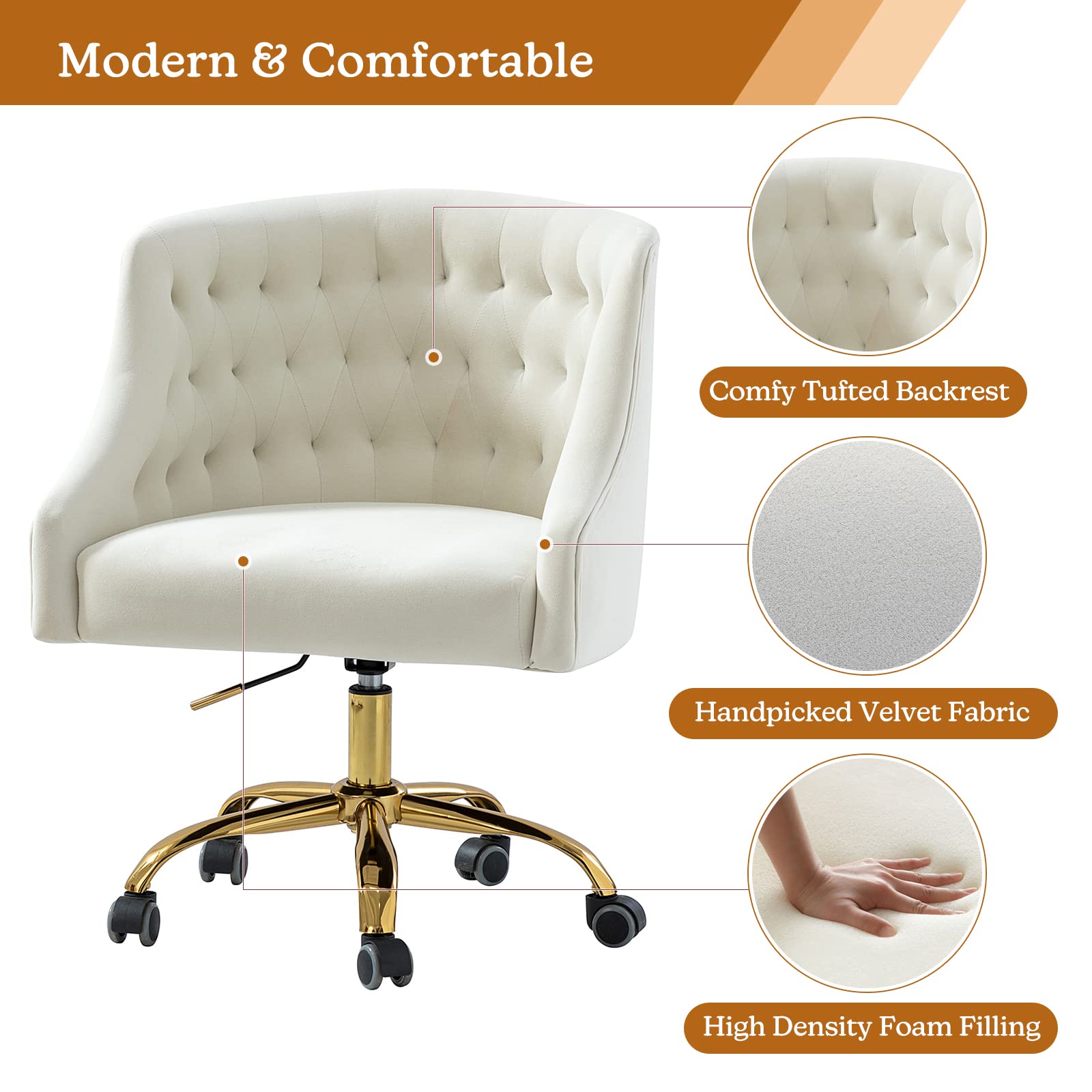 Velvet Home Office Chair with Gold Base - Modern Adjustable Swivel Task Chair for Living Room, Bedroom & Study - Comfortable Desk Chair for Work & Vanity - Ivory | Perfect for Remote Work, Gaming & Makeup Stations