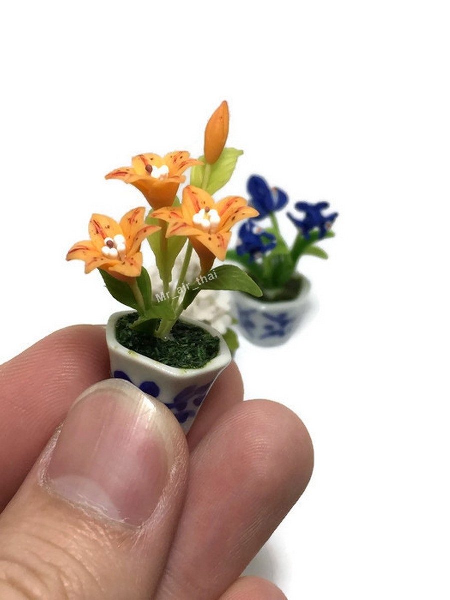 3pc Miniature Clay Flower Dollhouse Fairy Garden Decor - Ceramic Painted Mini Plant Trees & Artificial Orchid Flowers #056 - Perfect for Fairy Gardens, DIY Crafts, and Home Decor