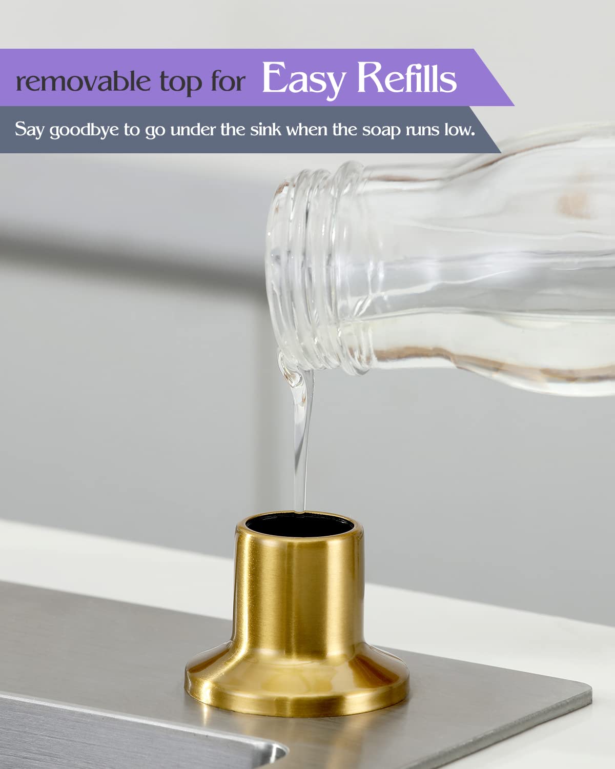 Stainless Steel Kitchen Soap Dispenser with Brushed Gold Finish - Top Refill Countertop Sink Soap Pump for Modern Kitchens and Bathrooms