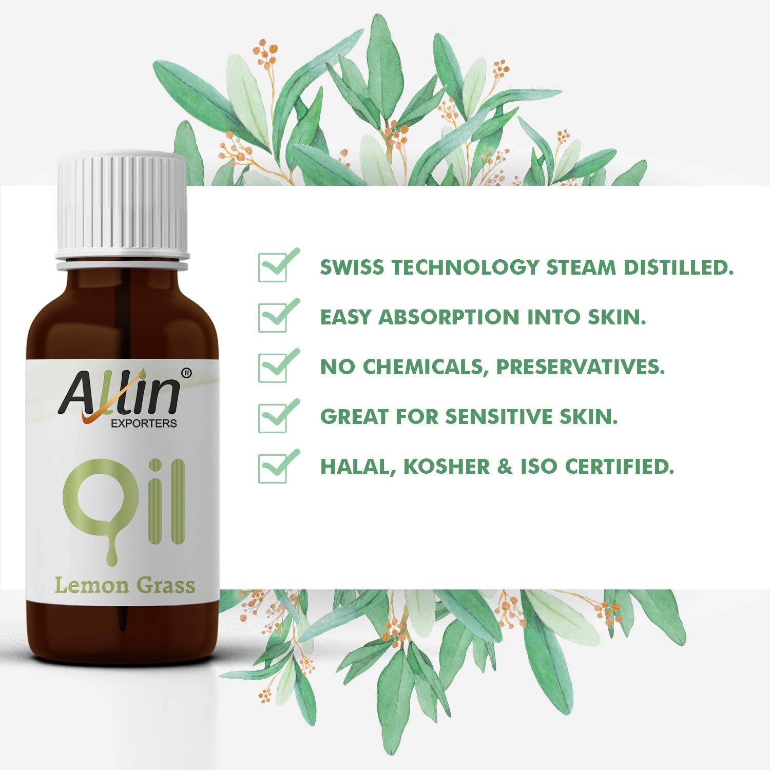100% Pure Natural Lemongrass Essential Oil - Therapeutic Grade for Skin, Face & Hair Care - Aromatherapy Diffuser Oil - Perfect for DIY Bath Soap, Candles & Massage (30ml) - Relaxing Spa & Home Fragrance Solution
