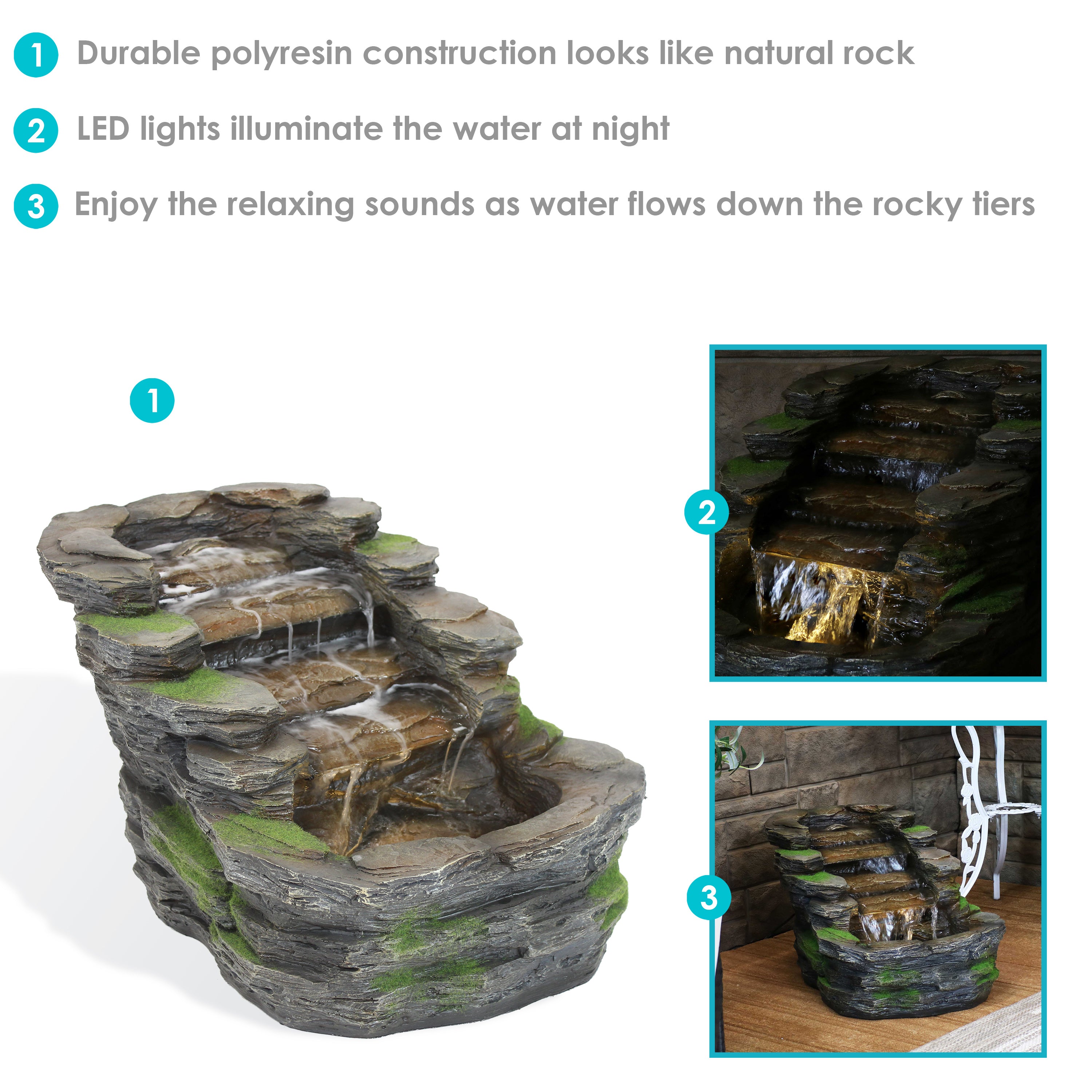 Sunnydaze Shale Falls Outdoor Water Fountain with LED Lights - 13 Inch Garden Decor for Patio, Yard, and Landscape | Relaxing Water Feature for Backyard, Porch, and Outdoor Living Spaces