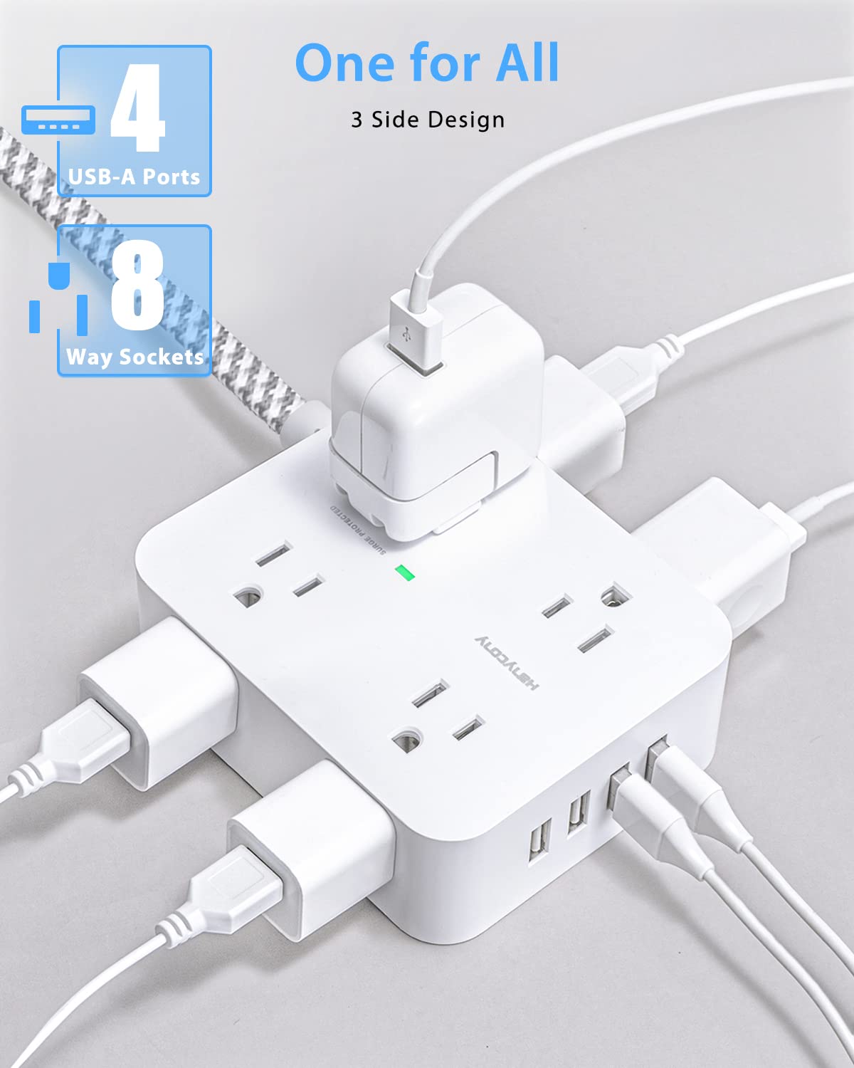 8-Outlet Surge Protector Power Strip with 4 USB Ports (5 ft Cord) - Ideal for Home, Office & Travel Charging Multiple Devices