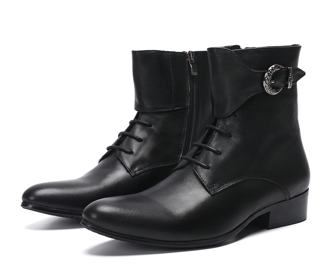 **Santimon Genuine Leather Cowboy Boots for Men - Western Chelsea Boots with Zipper & Buckles | Formal Dress, Casual Party, Prom, Wedding, Ballroom, Motorcycle Riding**