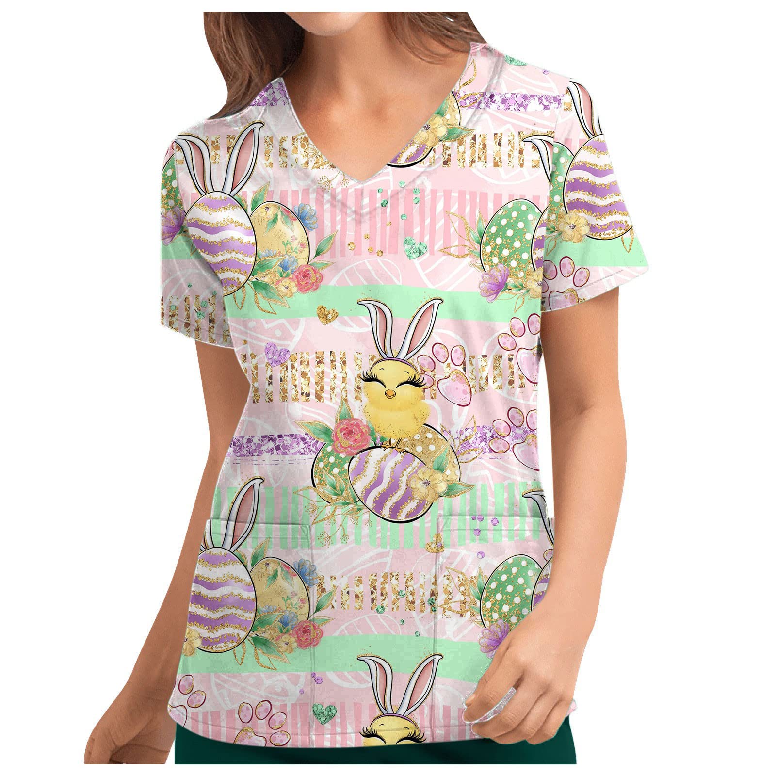 Women's Summer V-Neck Scrubs - Cute Graphic Printed Colorful Easter Workwear Short Sleeve Nursing Shirts | Comfortable Medical Uniform for Nurses, Doctors & Healthcare Professionals