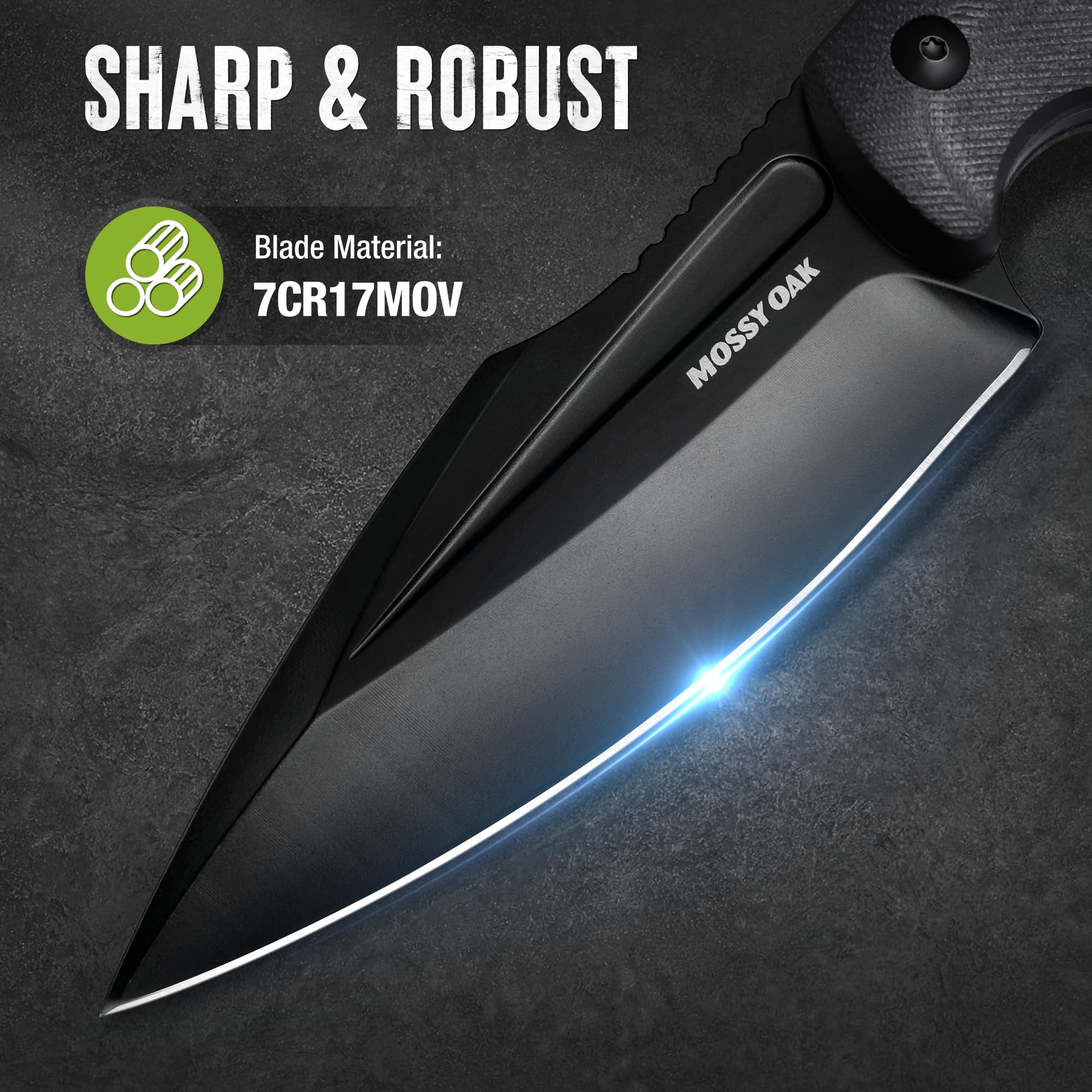 MOSSY OAK Hunting Knife with Sheath - 8.5 Inch Full Tang Fixed Blade Outdoor Survival Knife for Camping, Hiking & Bushcraft | Durable G10 Handle (Black) | Perfect for Wilderness Adventures & Outdoor Activities