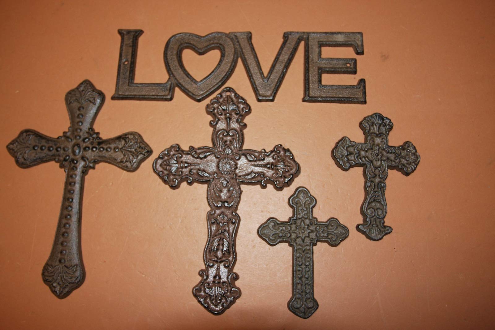 Christian Love Home Decor - Rustic Cast Iron Wall Cross Set of 5 for Farmhouse, Church & Bedroom Wall Art | Religious Gift & Spiritual Decor