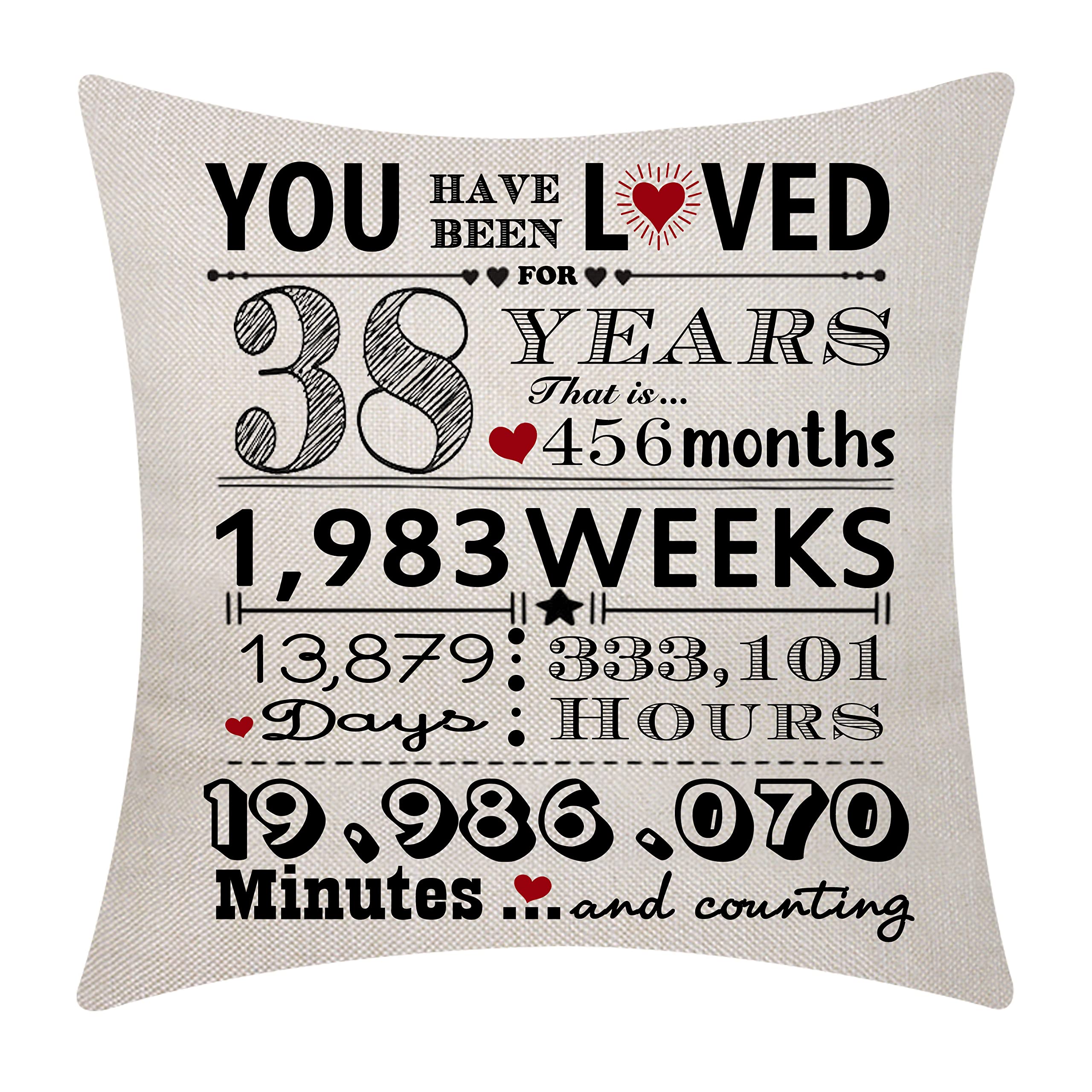 38th Birthday Gifts for Women & Men - 38 Years Old Anniversary Throw Pillow Cover with '38 Years Loved' Design - Perfect for Home Decor, Party Decorations & Milestone Celebrations